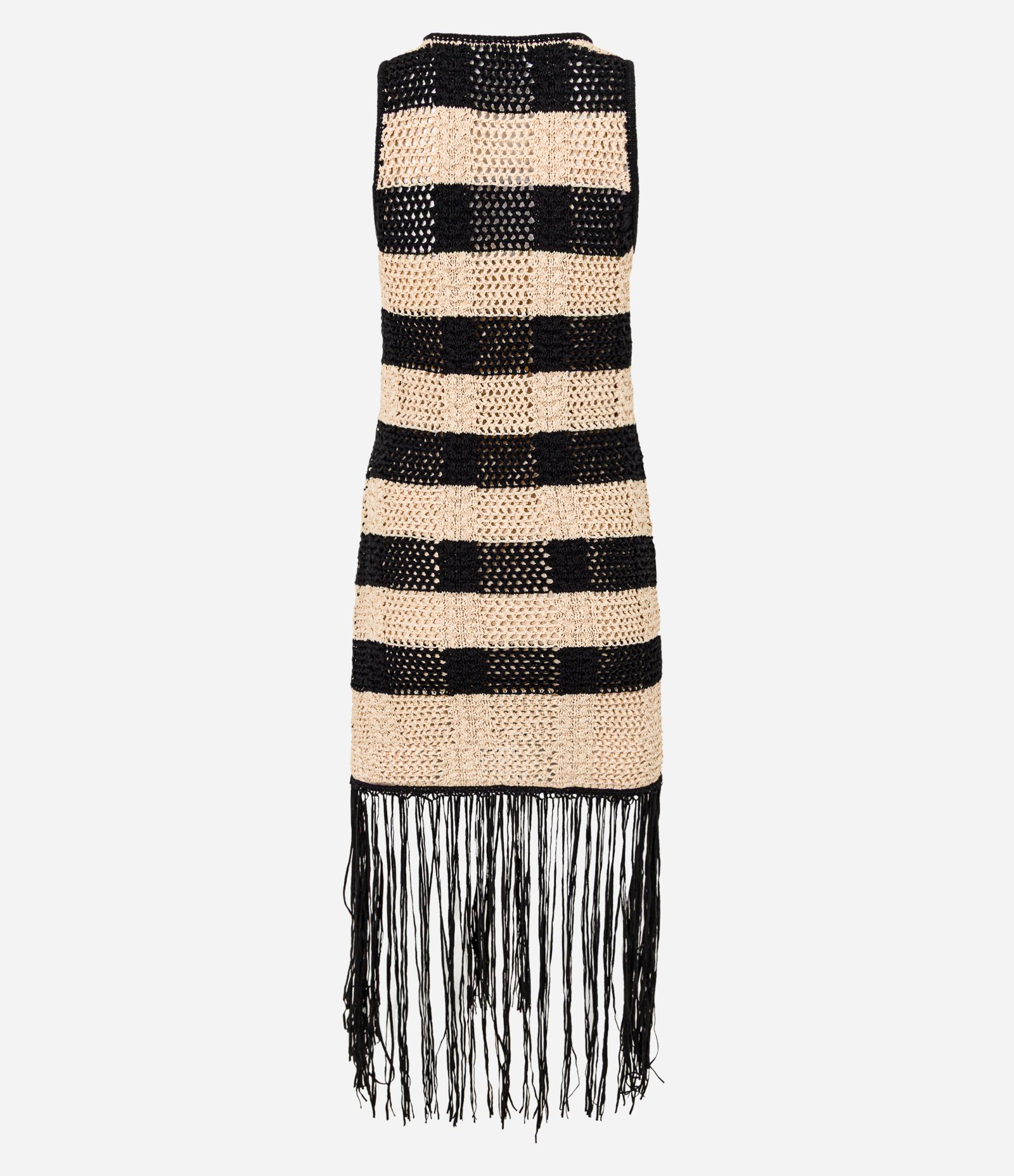 Vestido Longo Listrado em Tricô com Efeito Crochê e Franjas Preto 10
