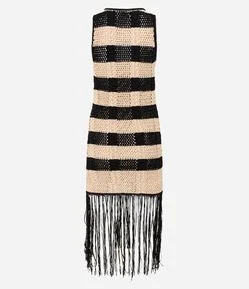 Vestido Longo Listrado em Tricô com Efeito Crochê e Franjas