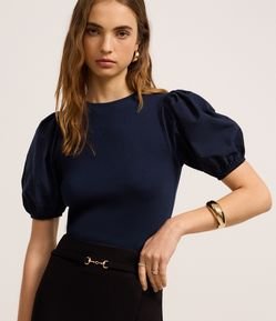 Blusa em Ribana e Tricoline com Manga Bufante