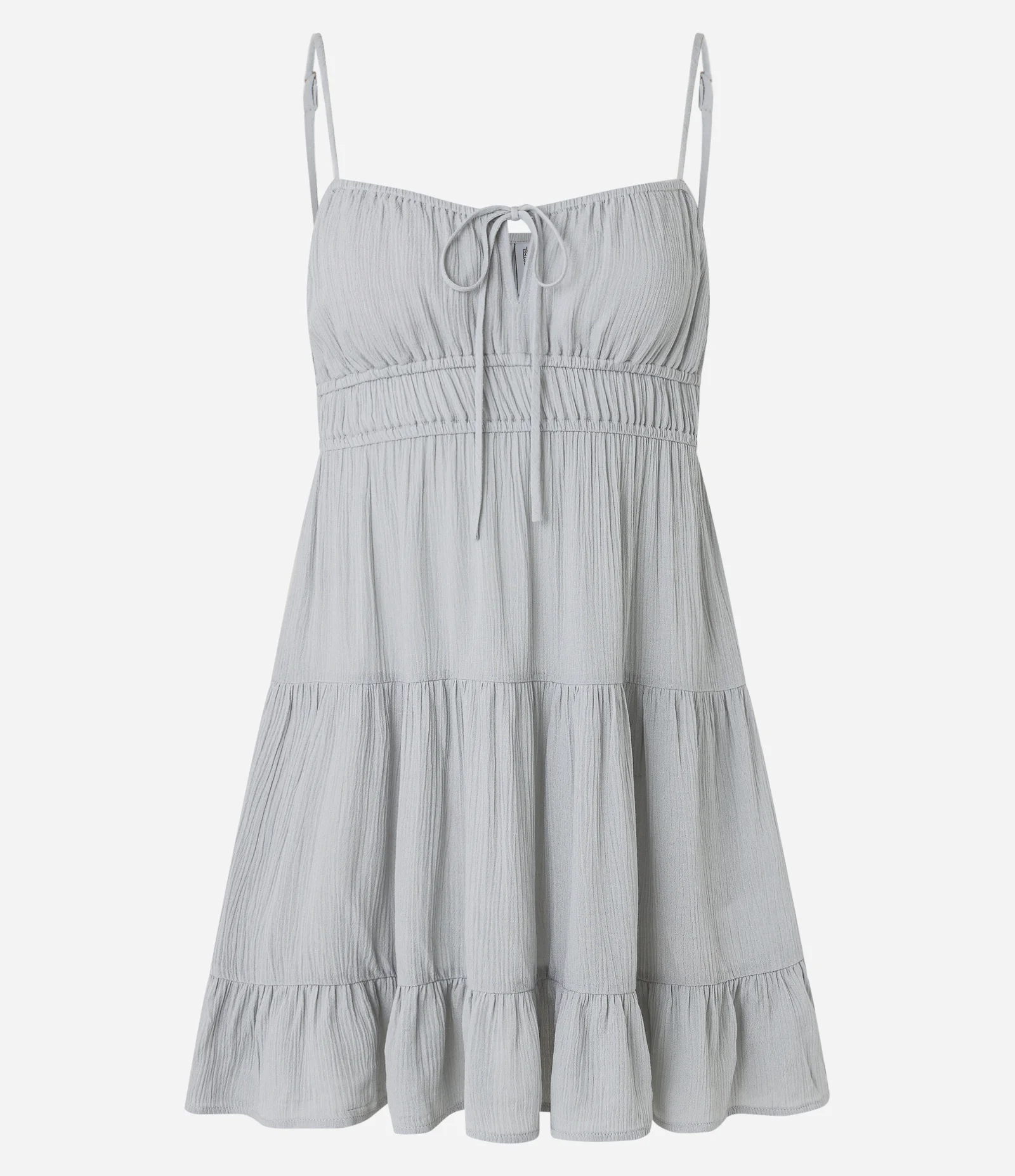 Vestido Godê Curto em Crepe com Textura e Amarração no Busto Cinza 6