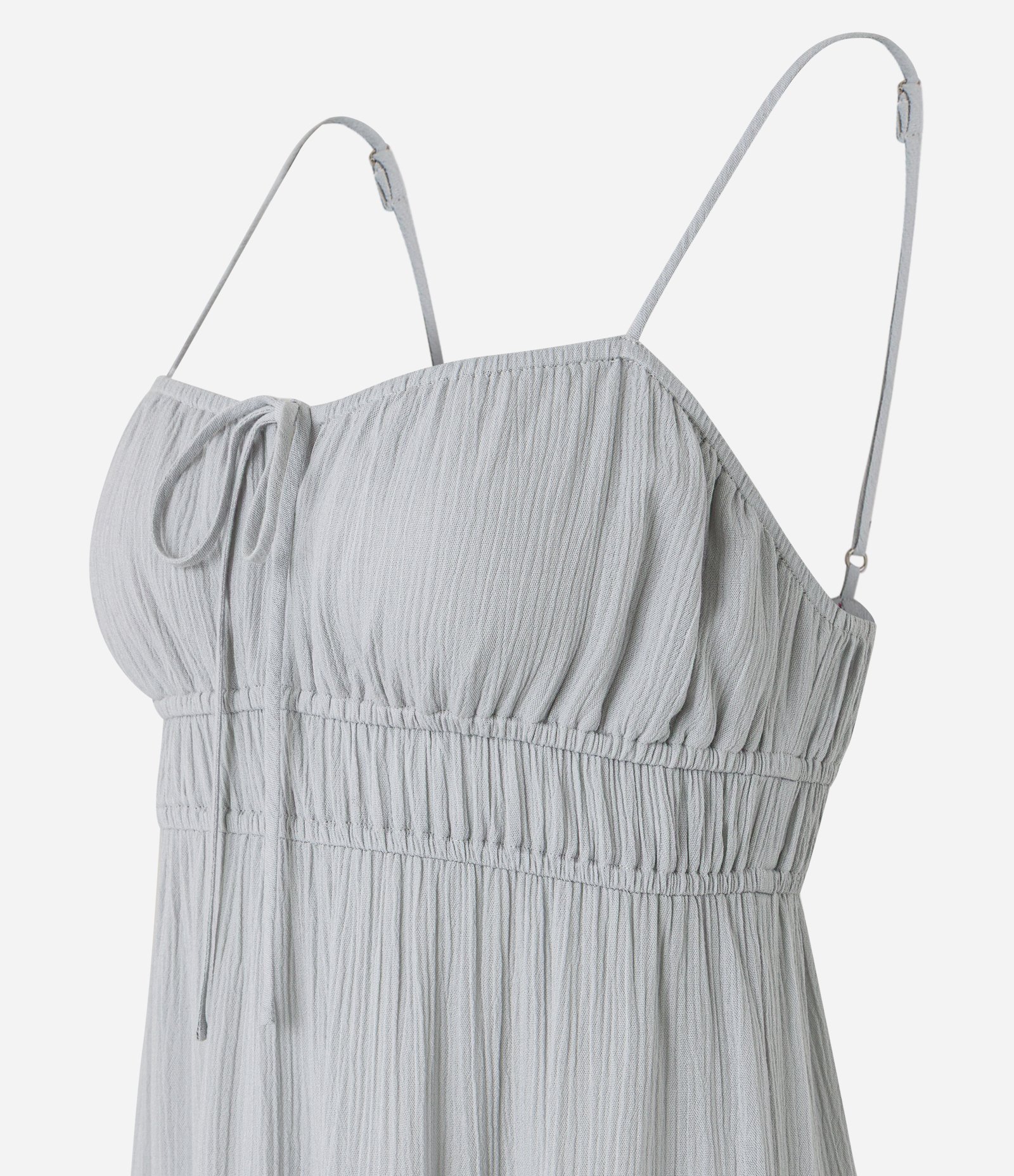 Vestido Godê Curto em Crepe com Textura e Amarração no Busto Cinza 7