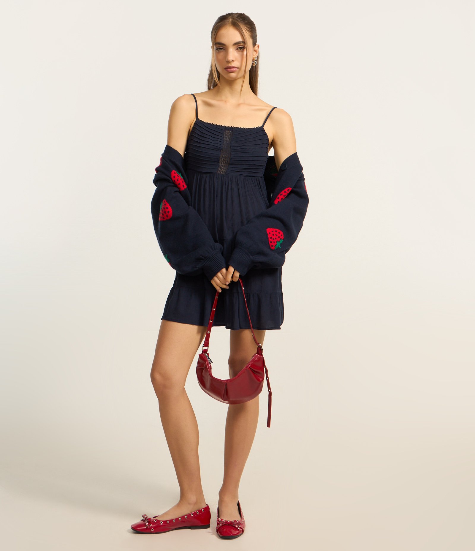 Vestido Godê em Crepe com Detalhe no Busto Azul Marinho 2