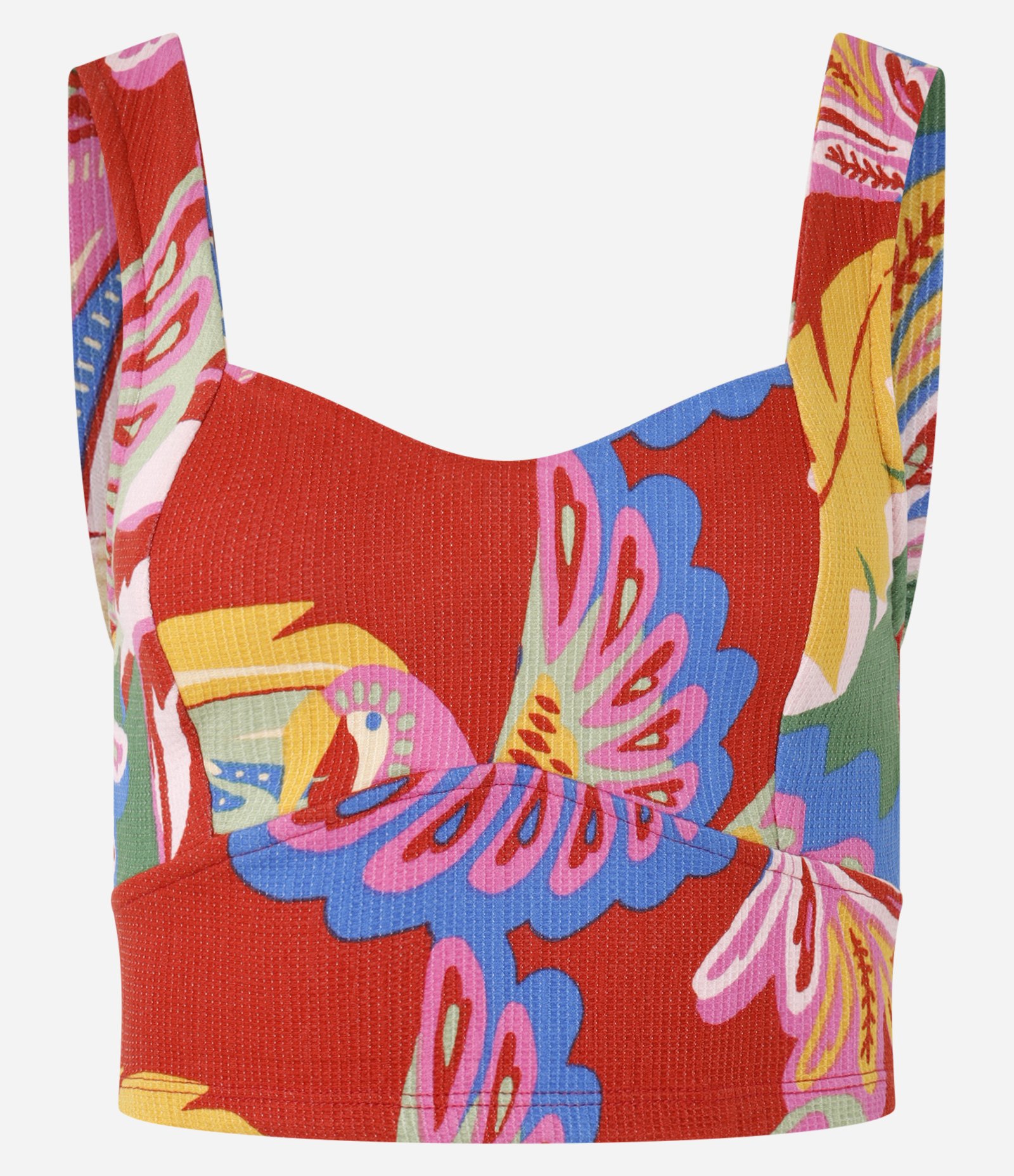 Blusa Cropped com Decote Coração e Estampa Tropical Texturizada Multicores 1