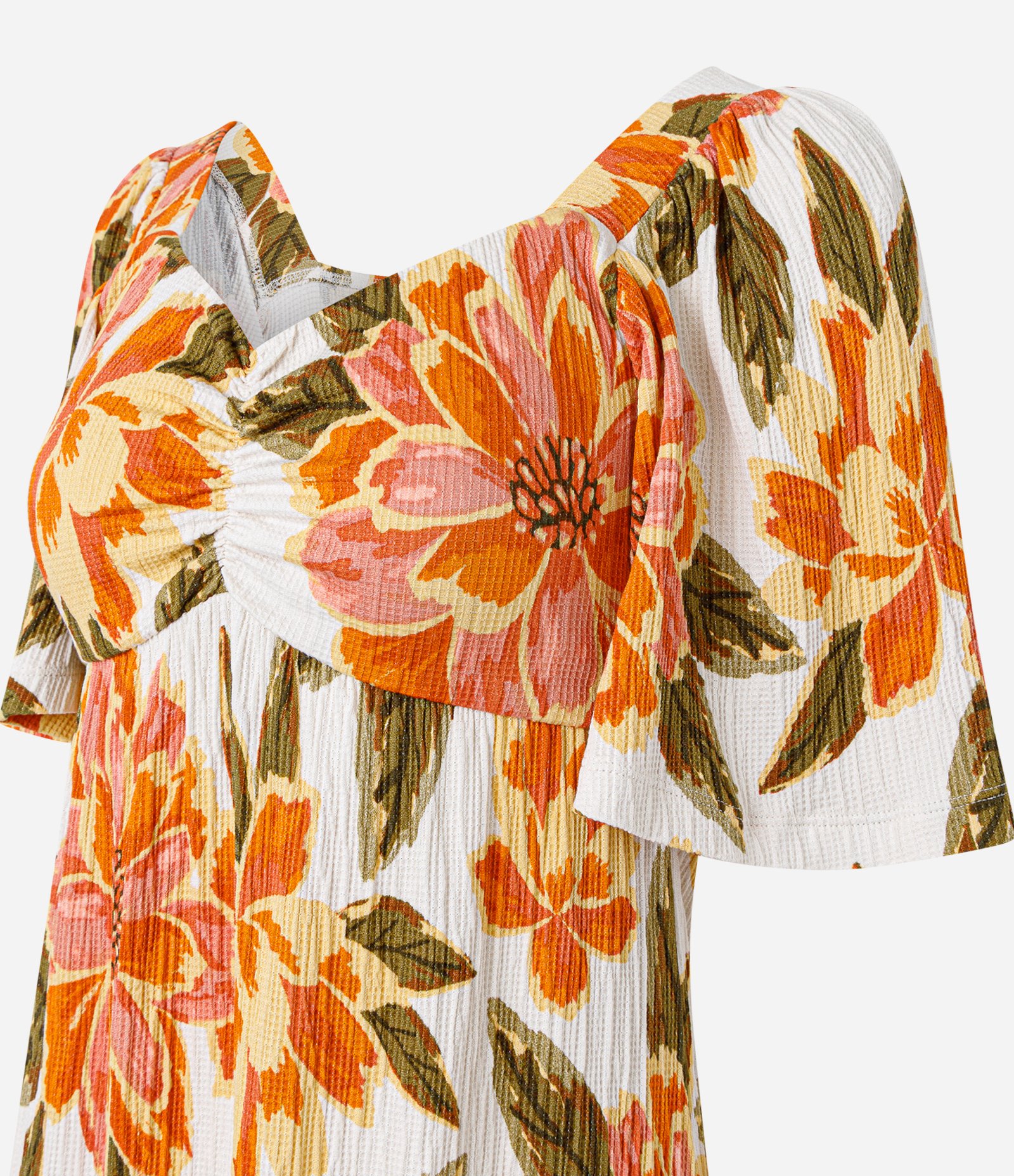 Vestido Curto Texturizado com Estampa Floral e Decote Coração Laranja 5
