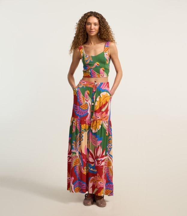 Saia Long Midi Evasê com Textura e Estampa Tropical