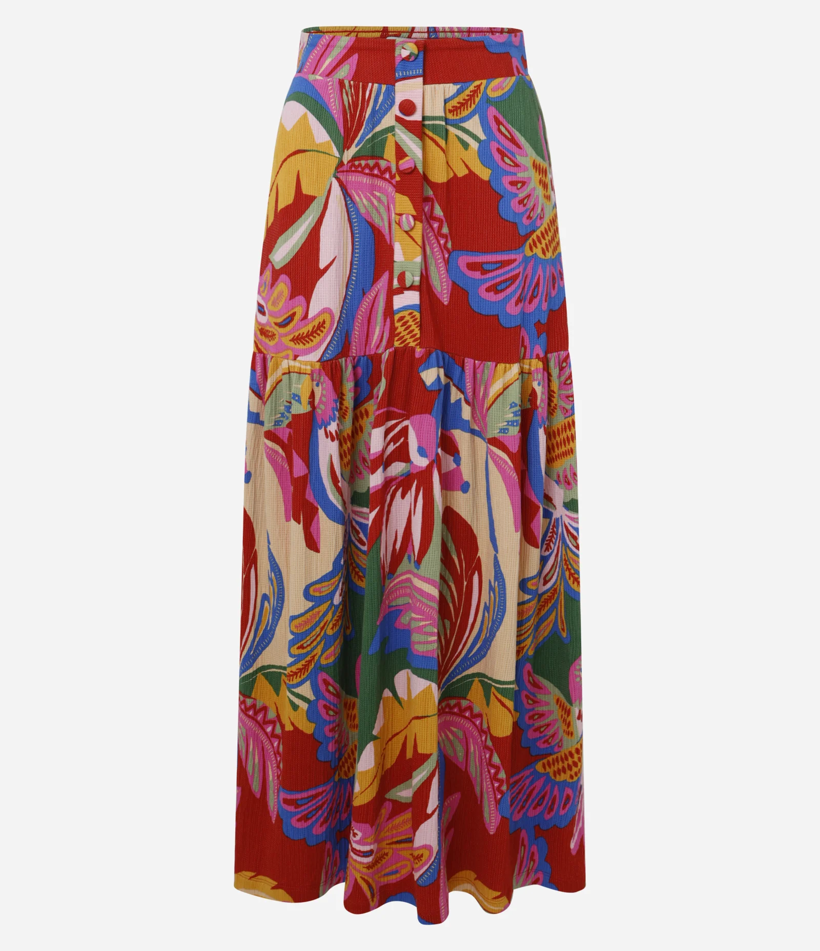 Saia Long Midi Evasê com Textura e Estampa Tropical Vermelho 5
