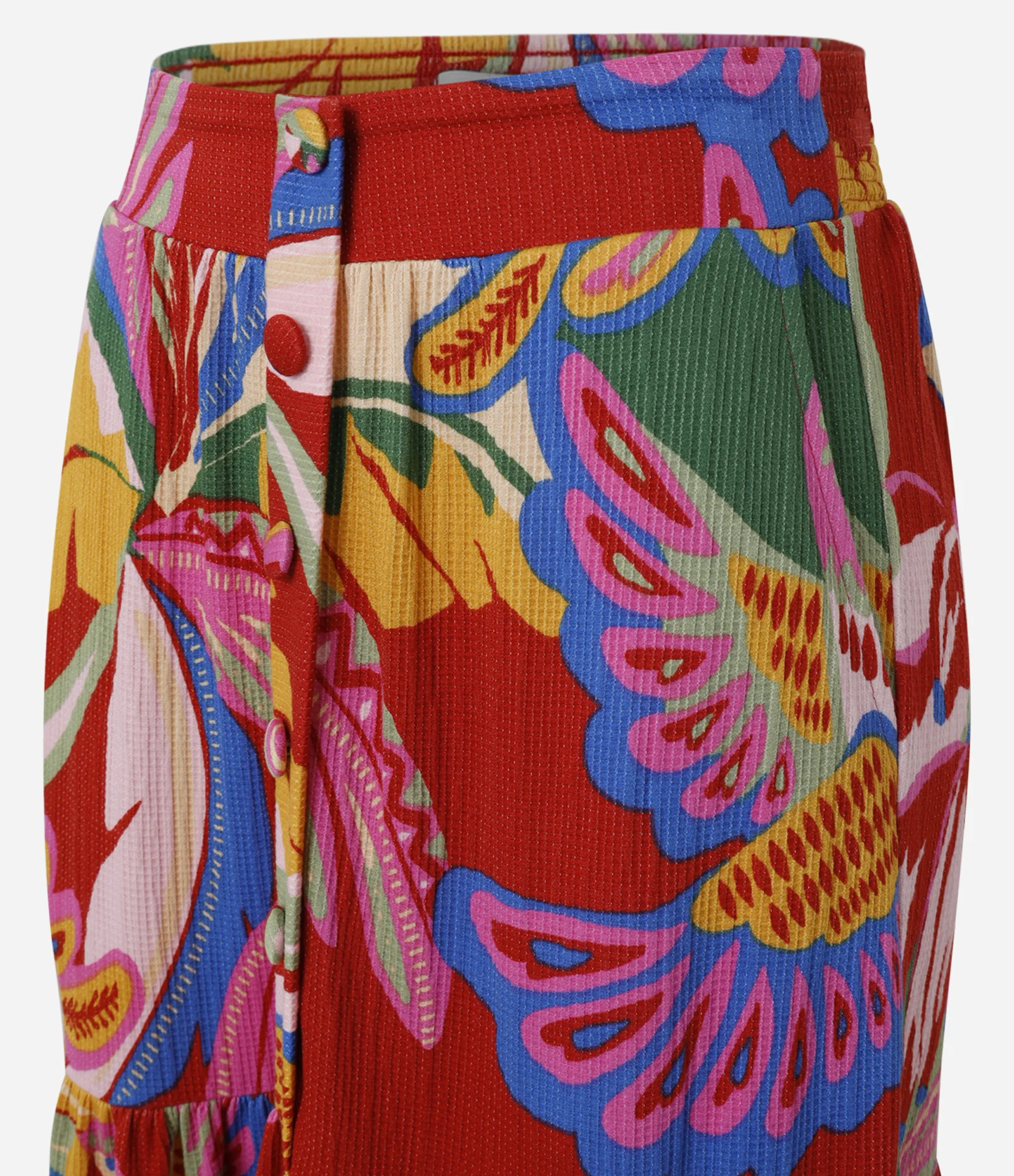 Saia Long Midi Evasê com Textura e Estampa Tropical Vermelho 6