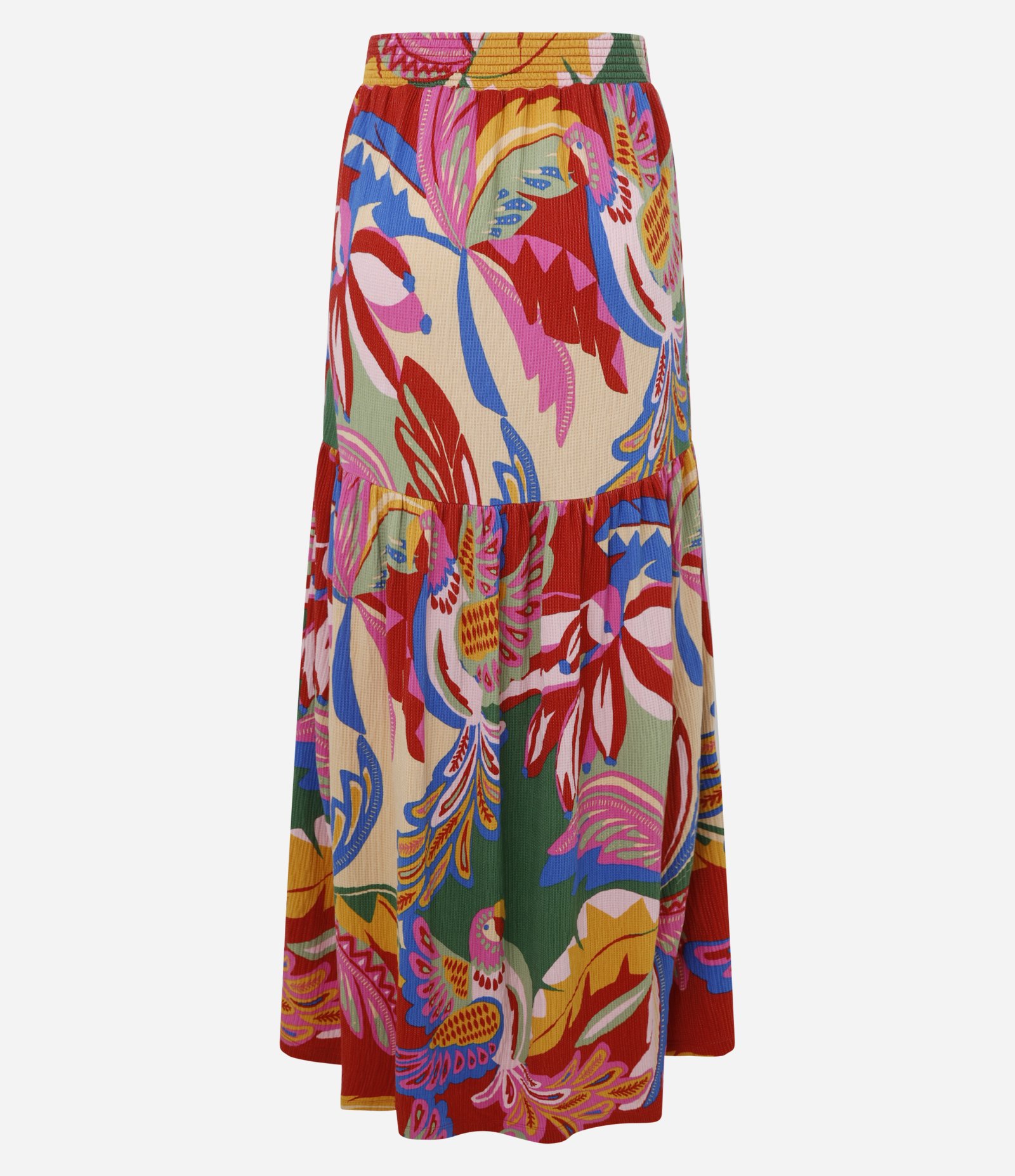 Saia Long Midi Evasê com Textura e Estampa Tropical Vermelho 7