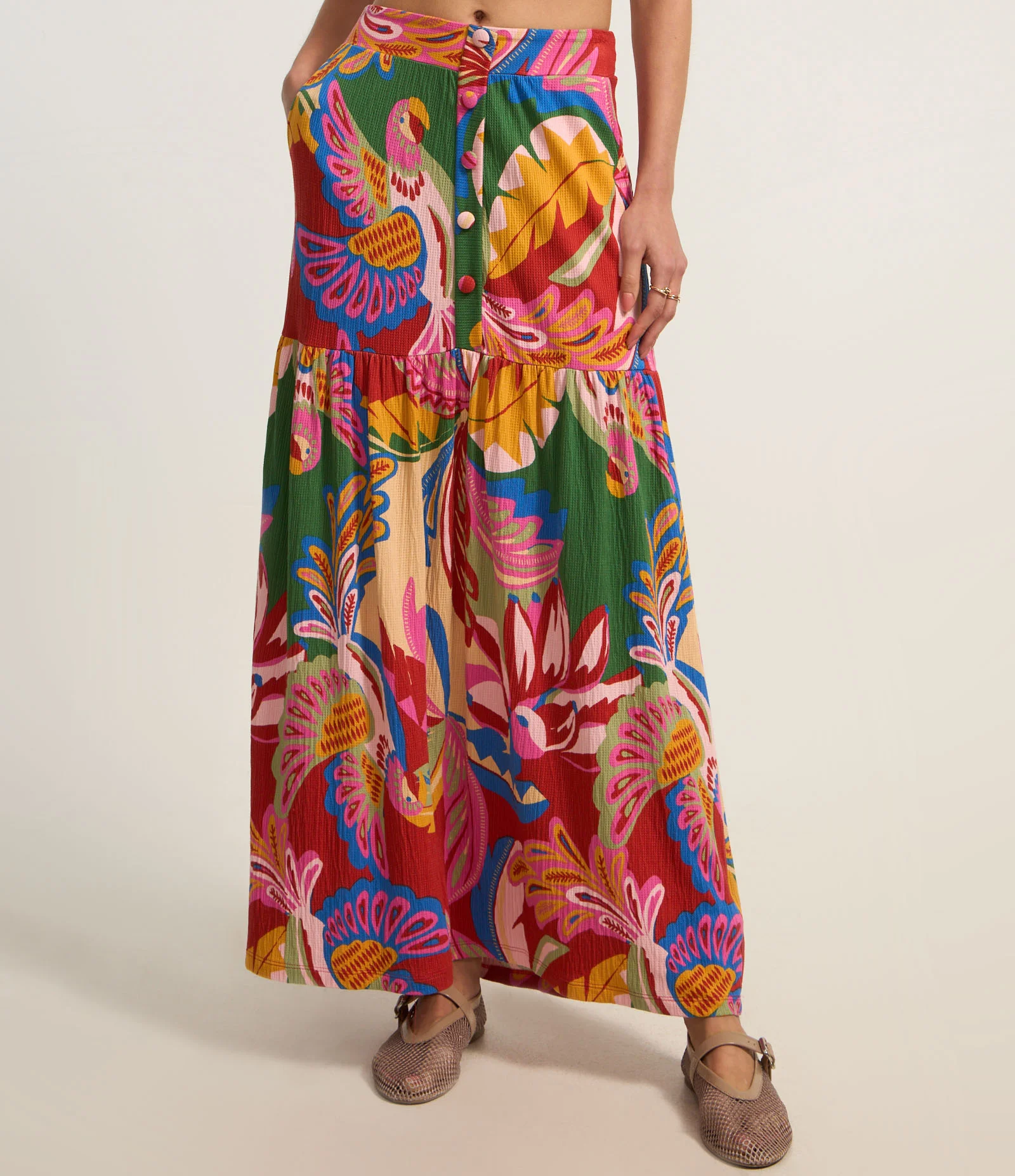 Saia Long Midi Evasê com Textura e Estampa Tropical Vermelho 2