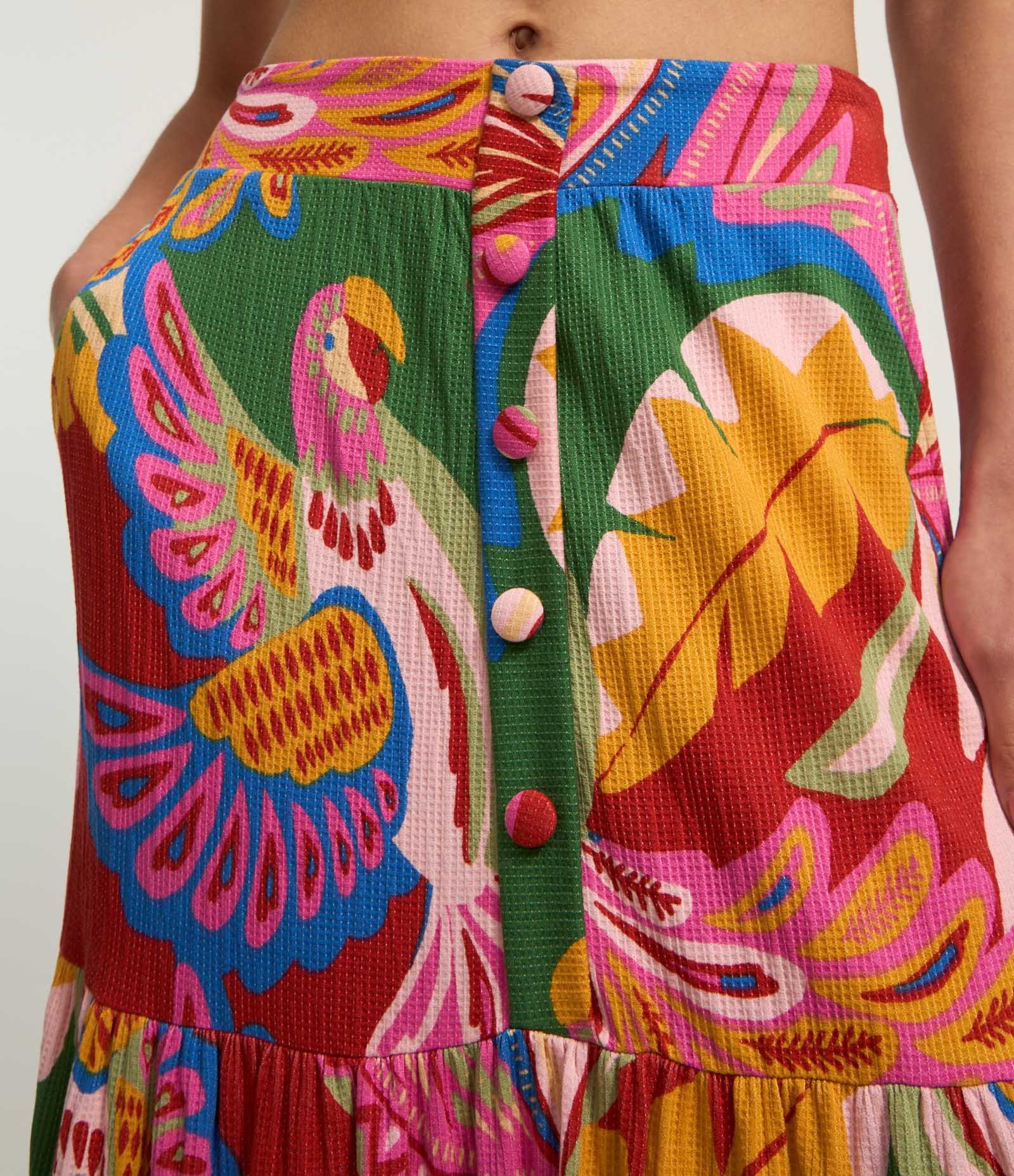 Saia Long Midi Evasê com Textura e Estampa Tropical Vermelho 3