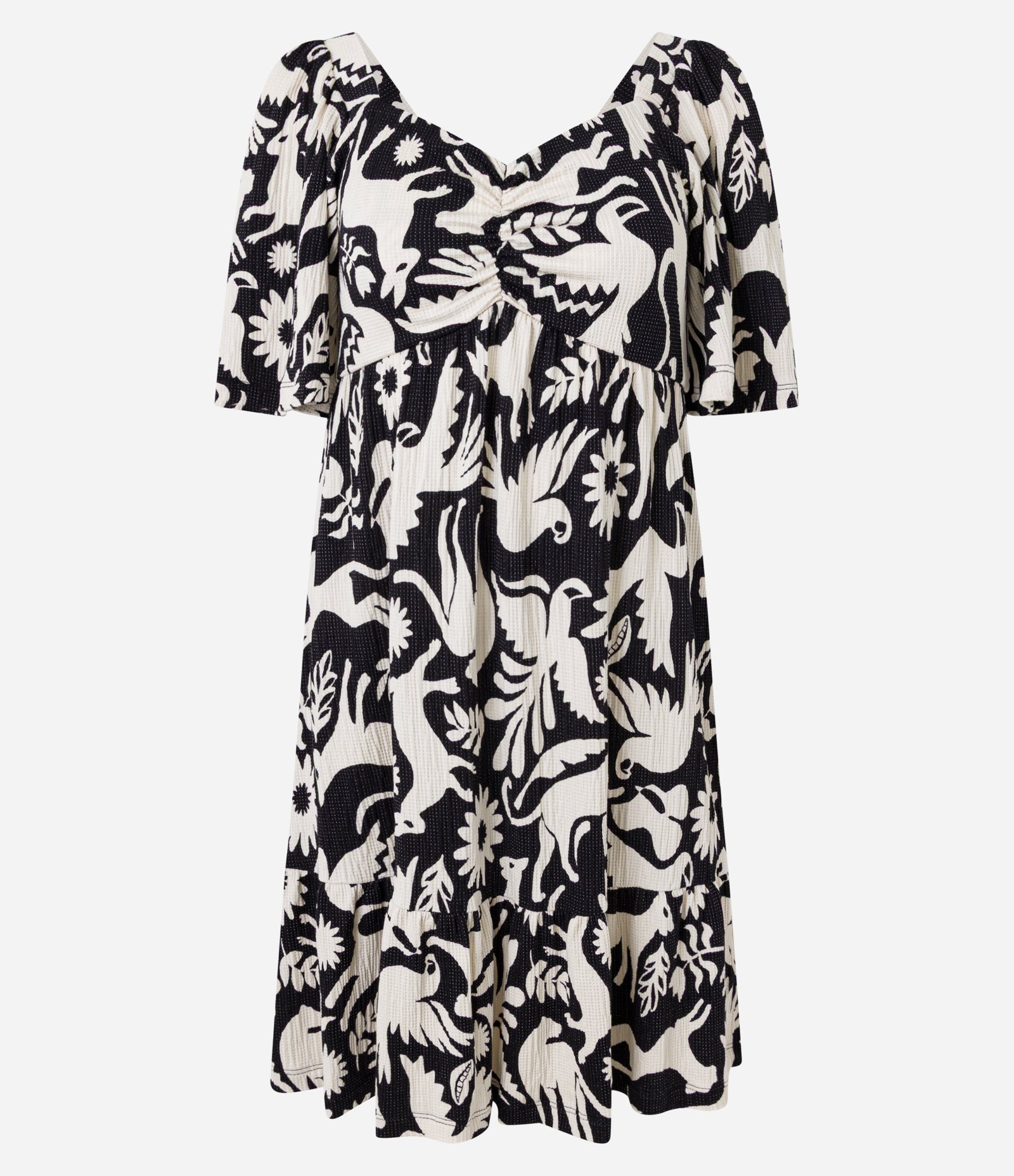 Vestido Curto Texturizado com Decote Coração e Estampa de Pássaros Preto/Branco 4