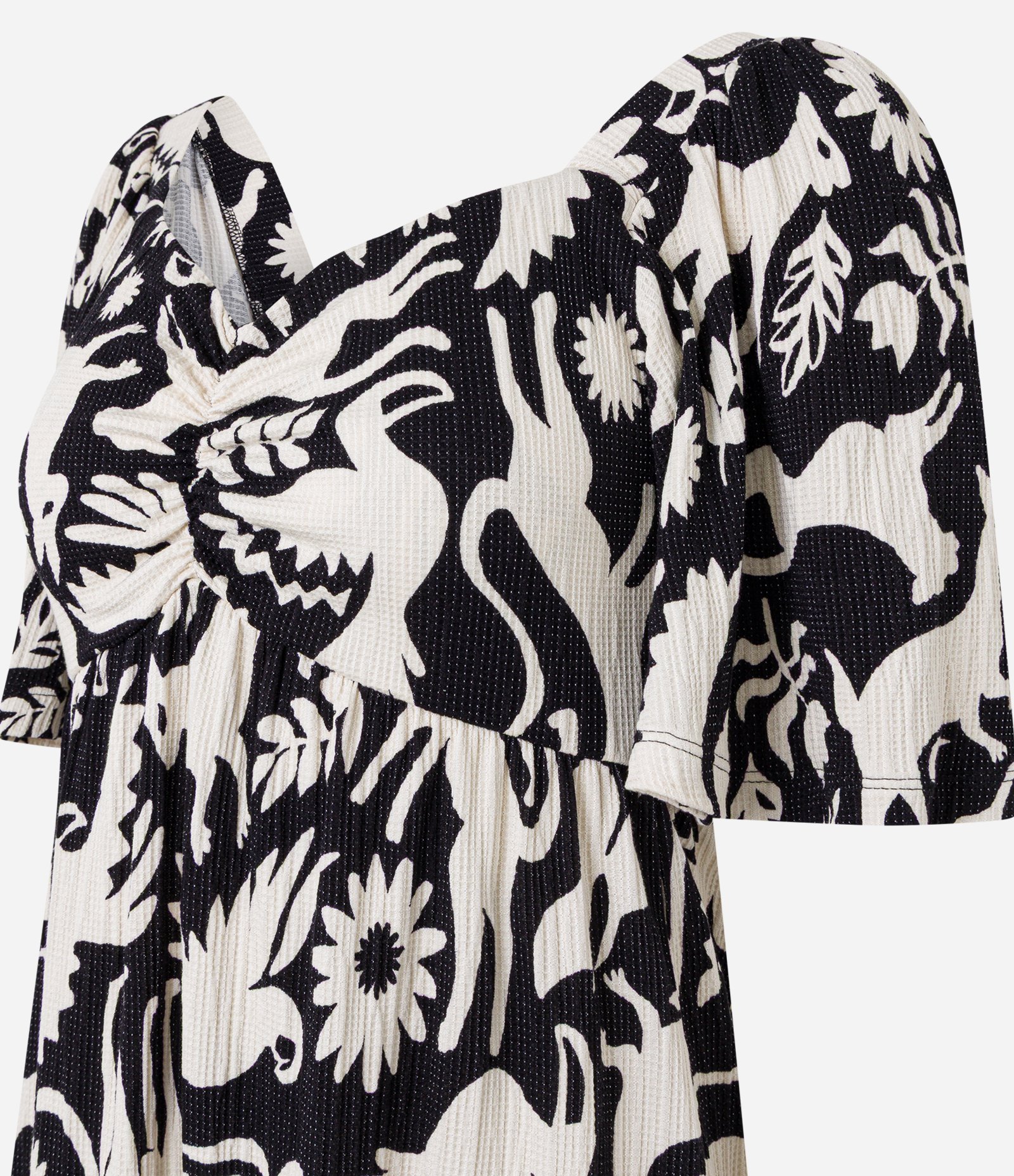 Vestido Curto Texturizado com Decote Coração e Estampa de Pássaros Preto/Branco 5