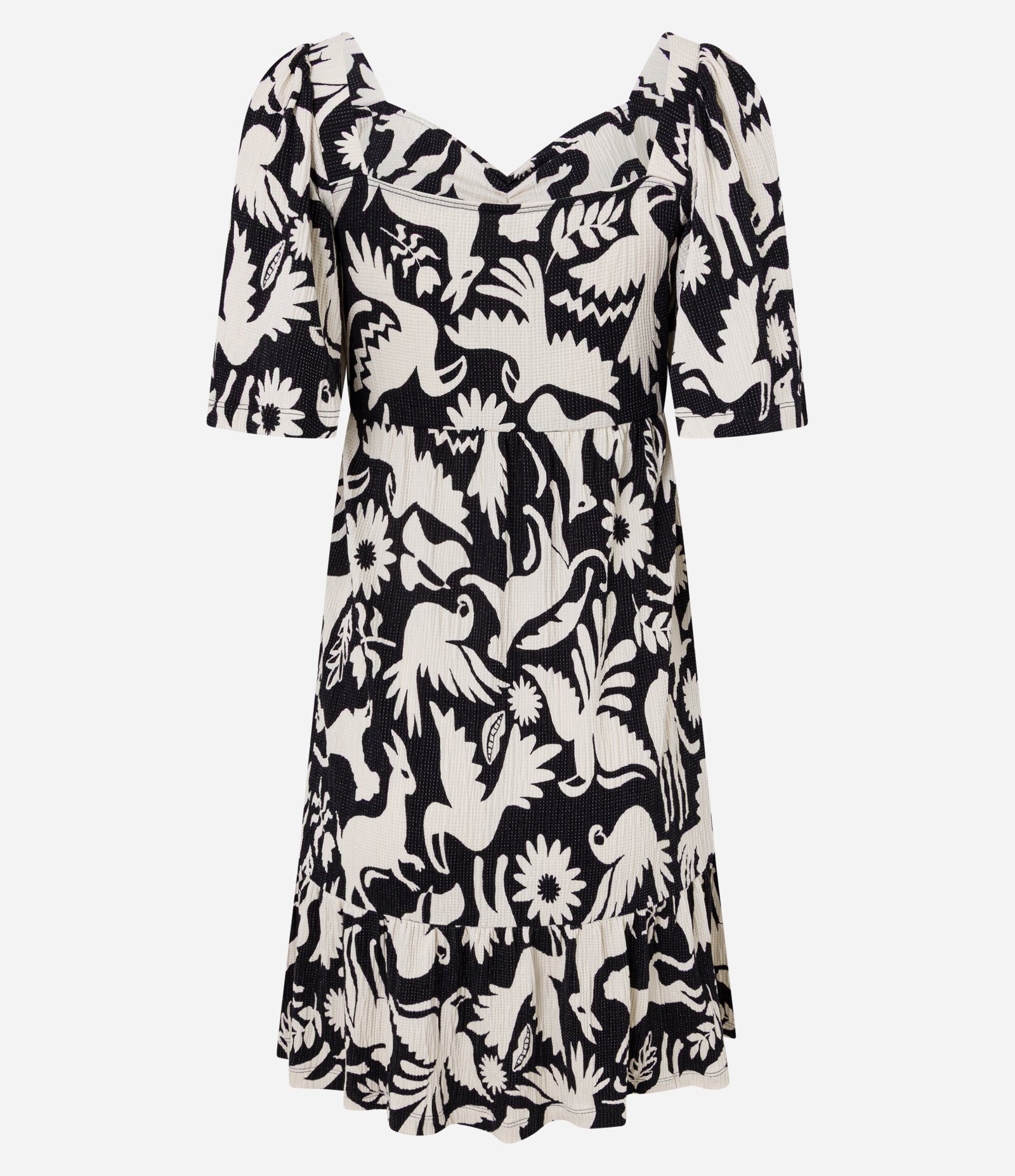 Vestido Curto Texturizado com Decote Coração e Estampa de Pássaros Preto/Branco 6