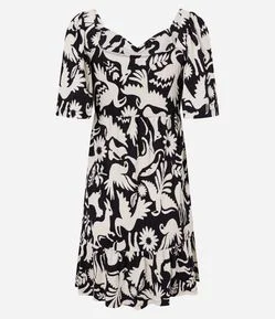Vestido Curto Texturizado com Decote Coração e Estampa de Pássaros