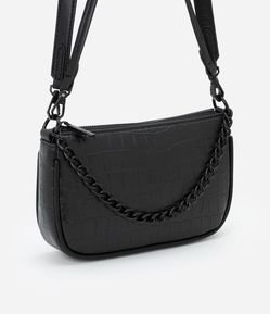Bolsa Baguete Pequena com Textura Croco e Detalhe de Corrente com Alça Removível