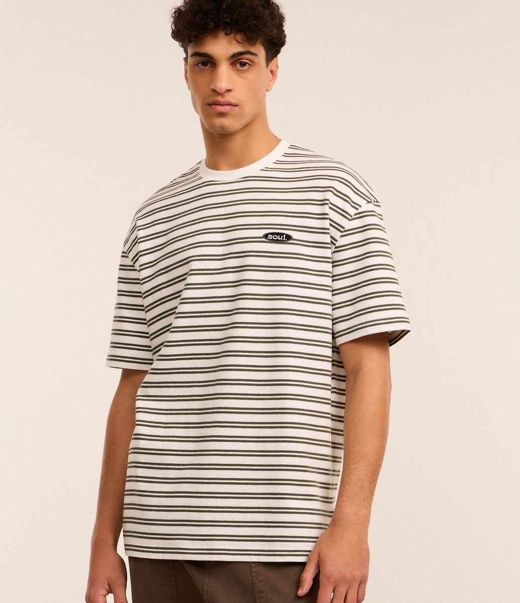Camiseta Relaxed em Algodão com Estampa de Listras e Texturizada Bege