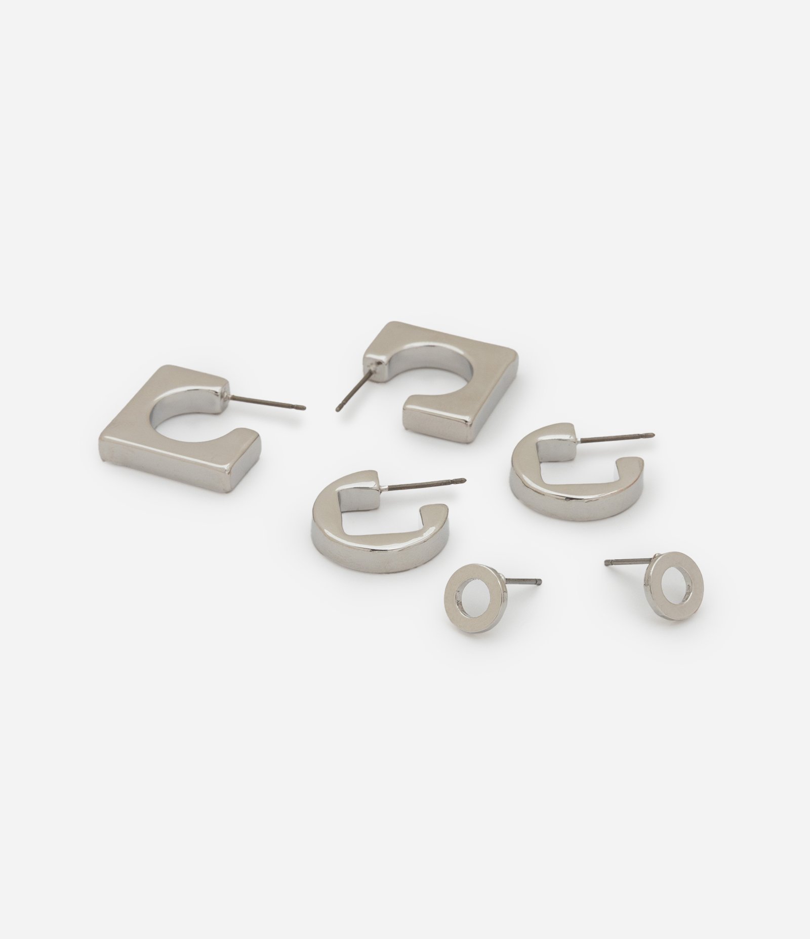 Kit 03 Brincos em Metal com Formatos Geométricos Prata 2