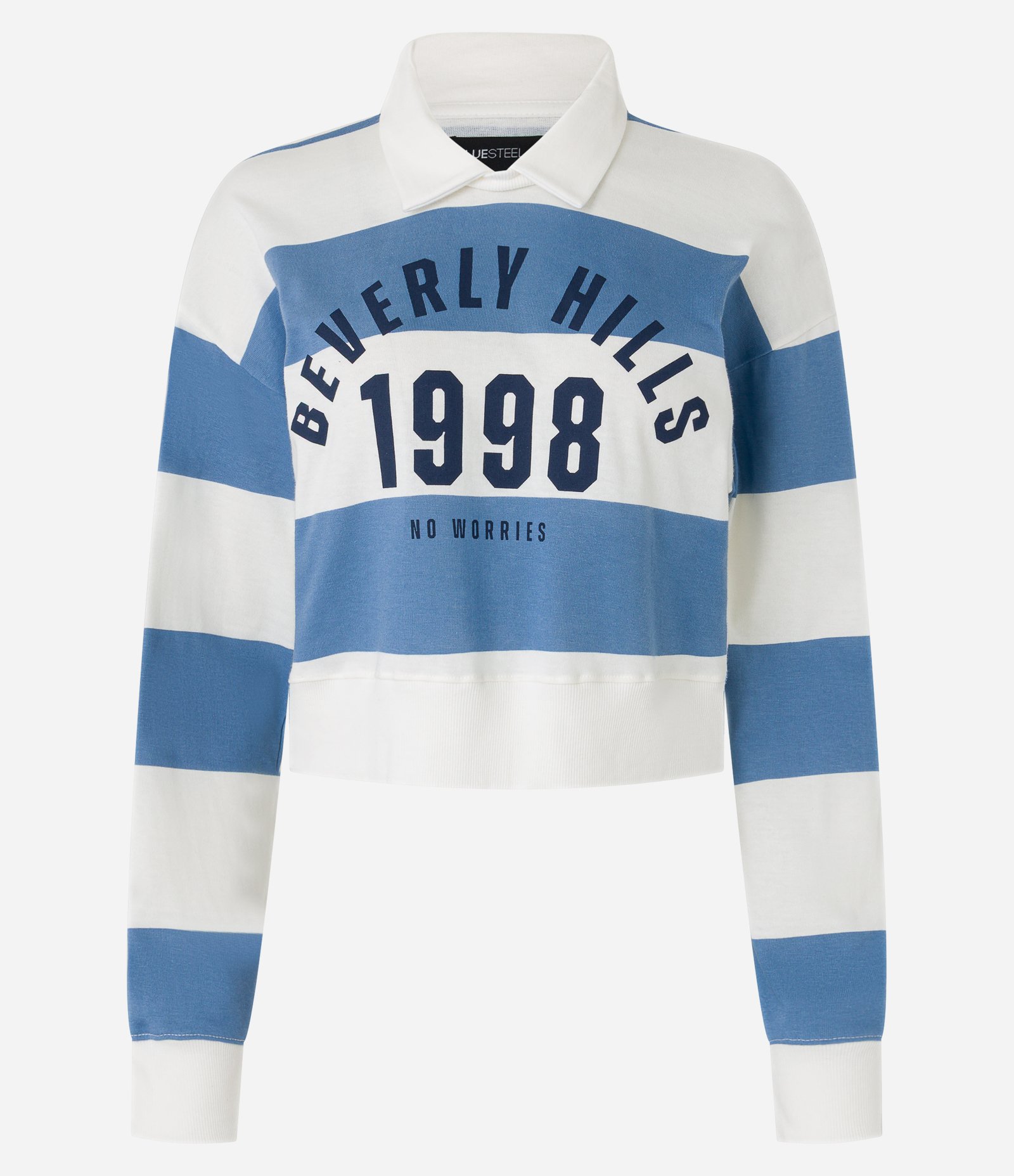Blusa em Algodão Listrada com Lettering Beverly Hills Branco/Azul 5