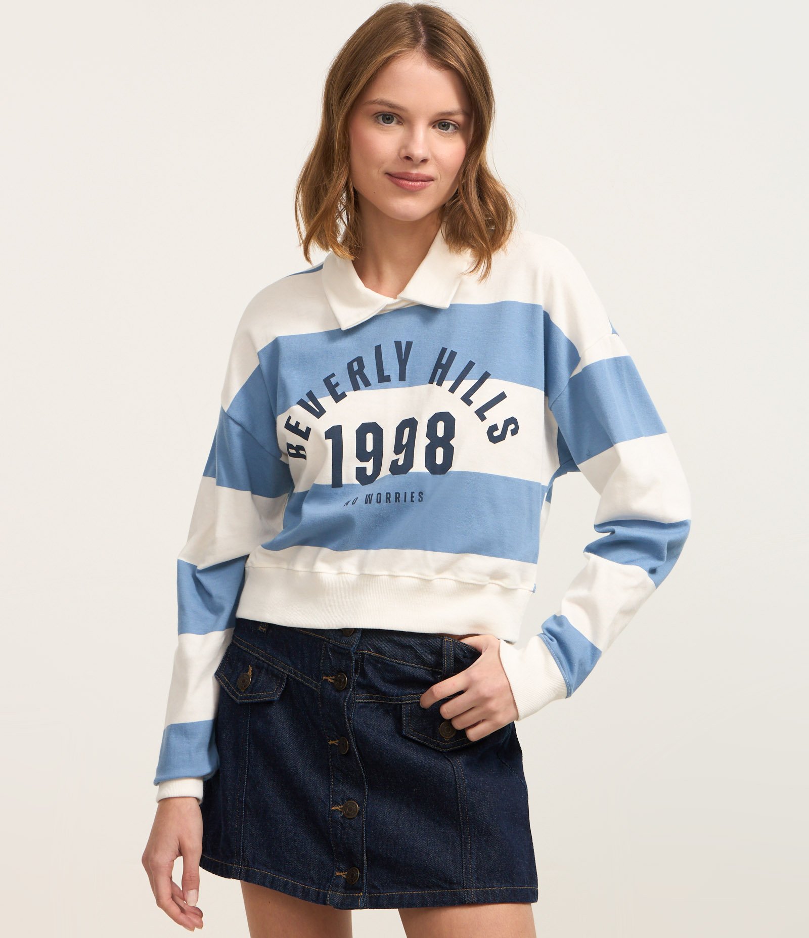 Blusa em Algodão Listrada com Lettering Beverly Hills Branco/Azul 3