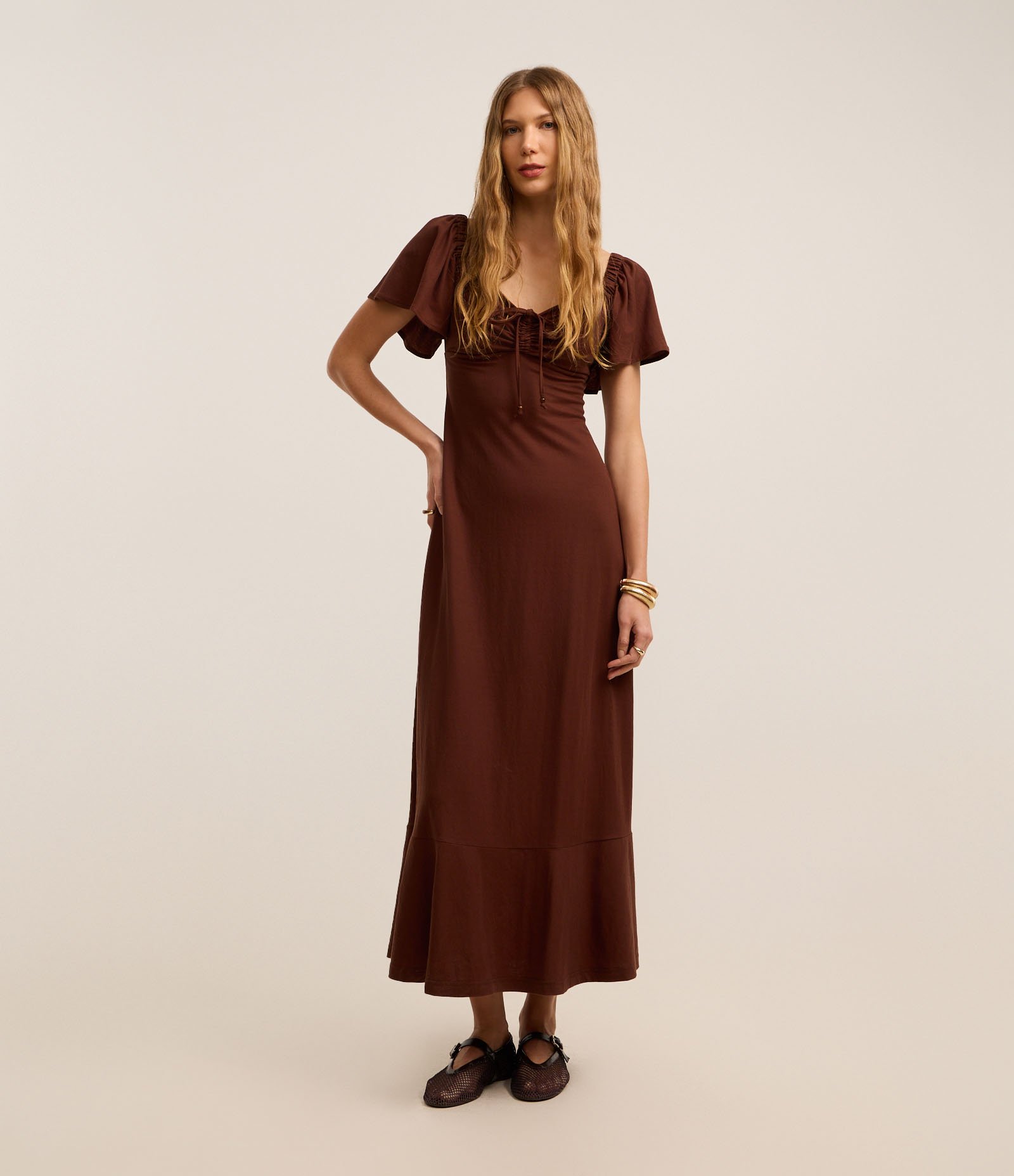 Vestido Long Mifi em Piquet com Manga Bufante Marrom 2