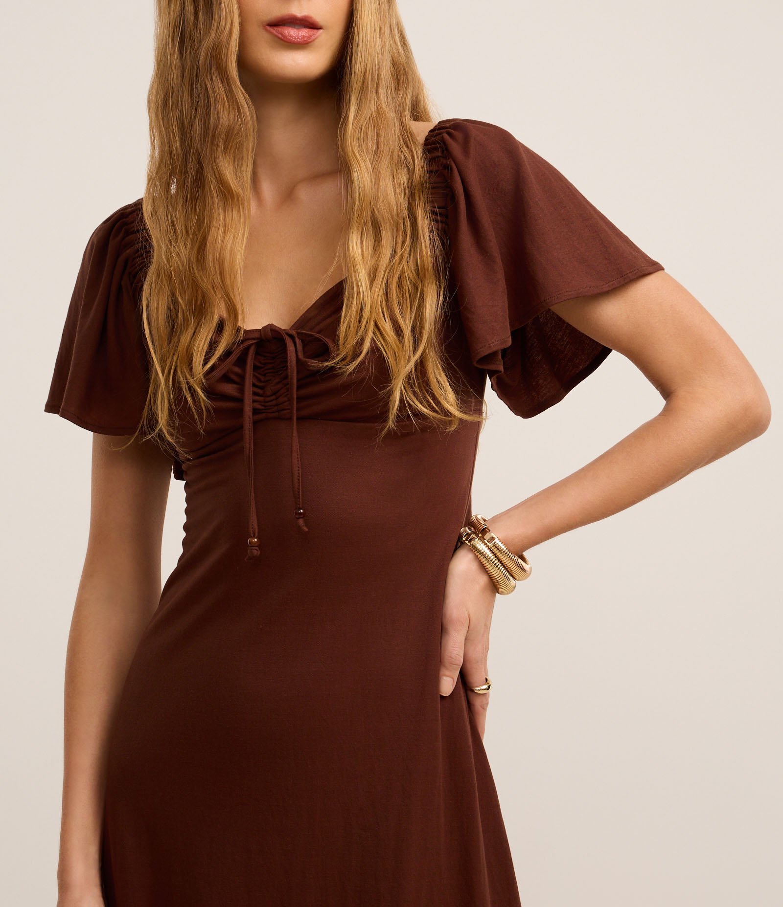 Vestido Long Mifi em Piquet com Manga Bufante Marrom 3