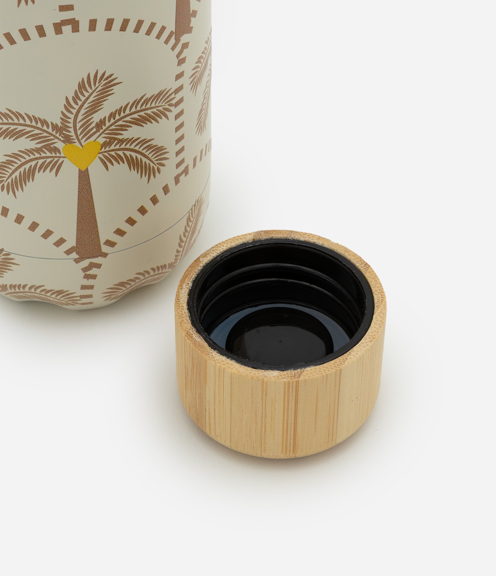 Garrafa Térmica em Metal com Estampa de Coqueiros e tampa de bamboo Bege 2
