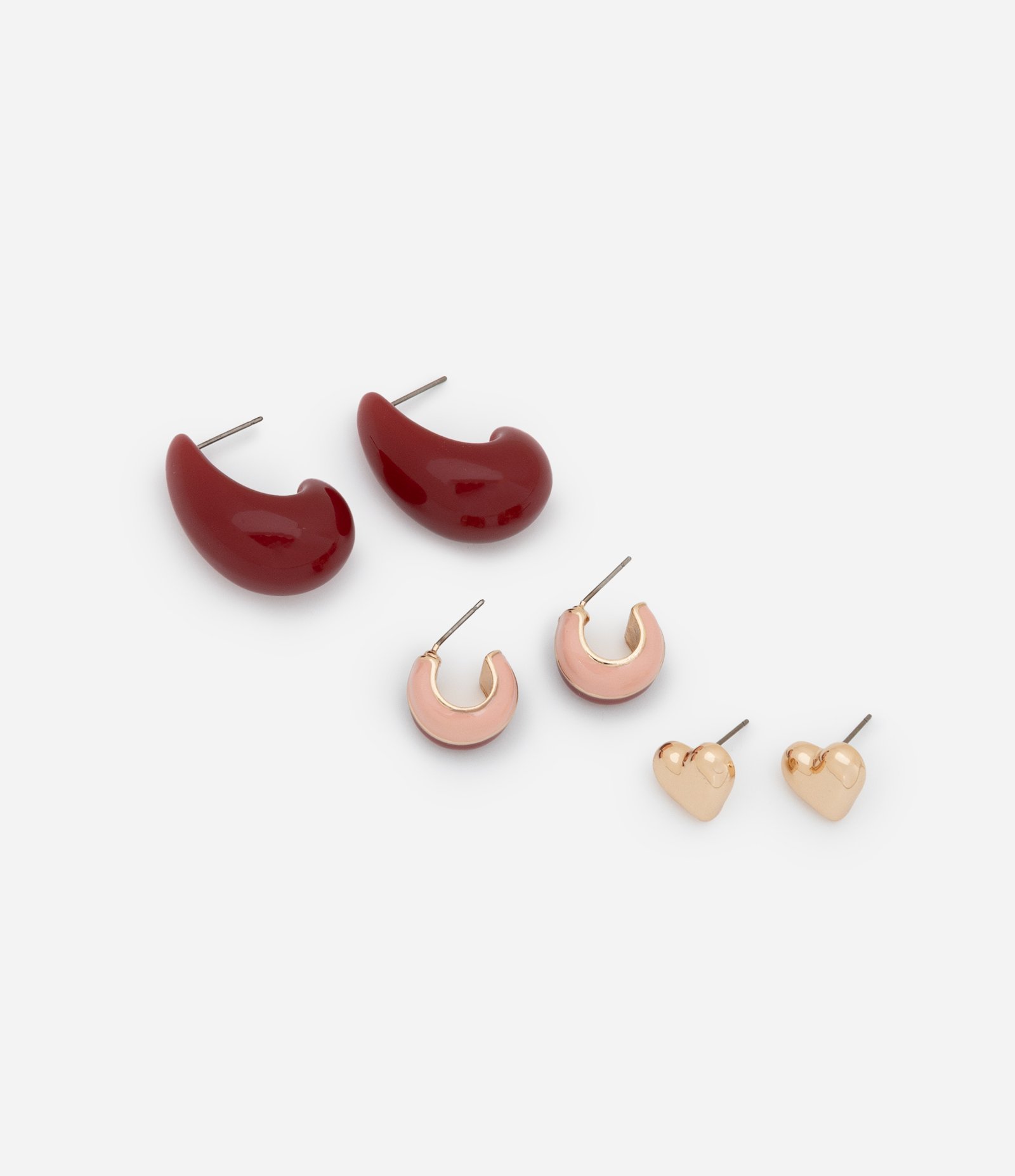 Kit 03 Brinco Argolas em Resina e Brinco Botão Coração Vermelho/Dourado/Rosa 1