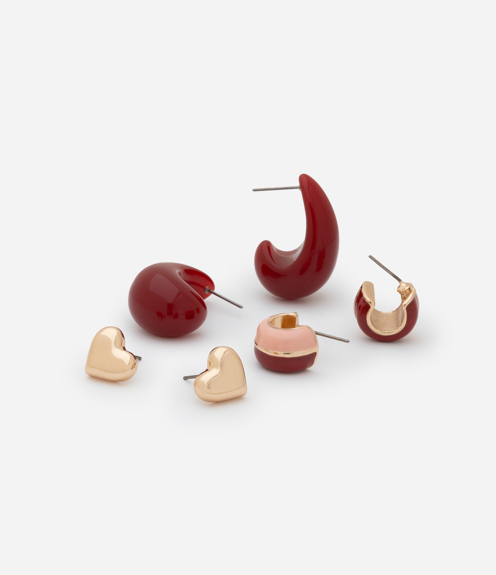 Kit 03 Brinco Argolas em Resina e Brinco Botão Coração Vermelho/Dourado/Rosa 2