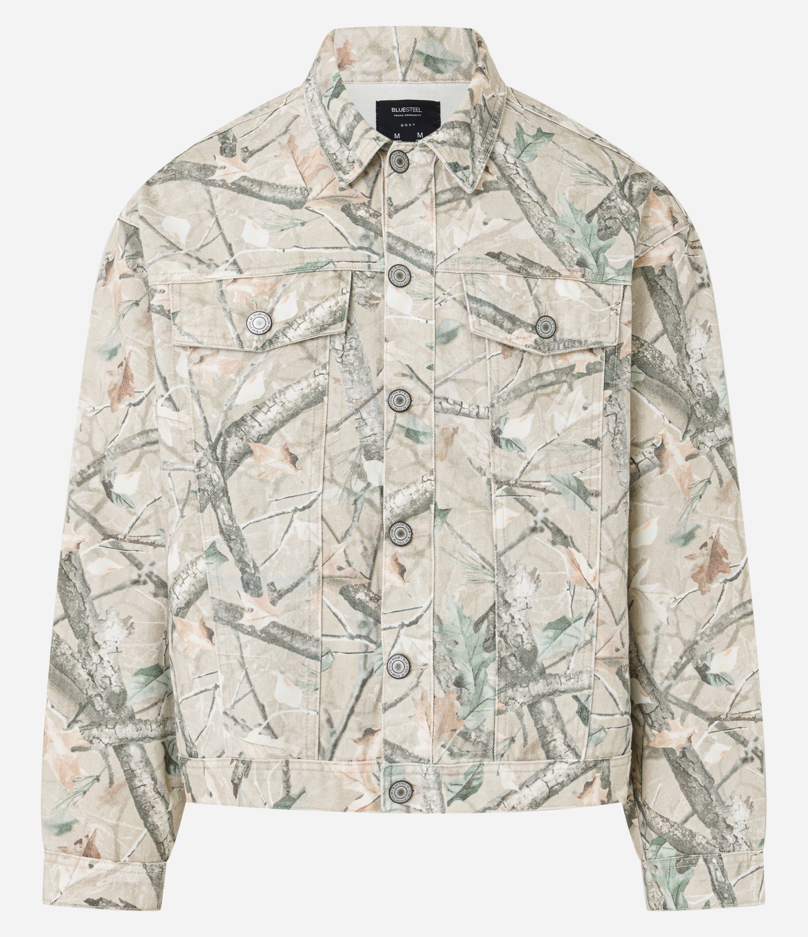 Jaqueta Trucker Boxy em Sarja com Estampa de Galhos de Arvore Bege 5