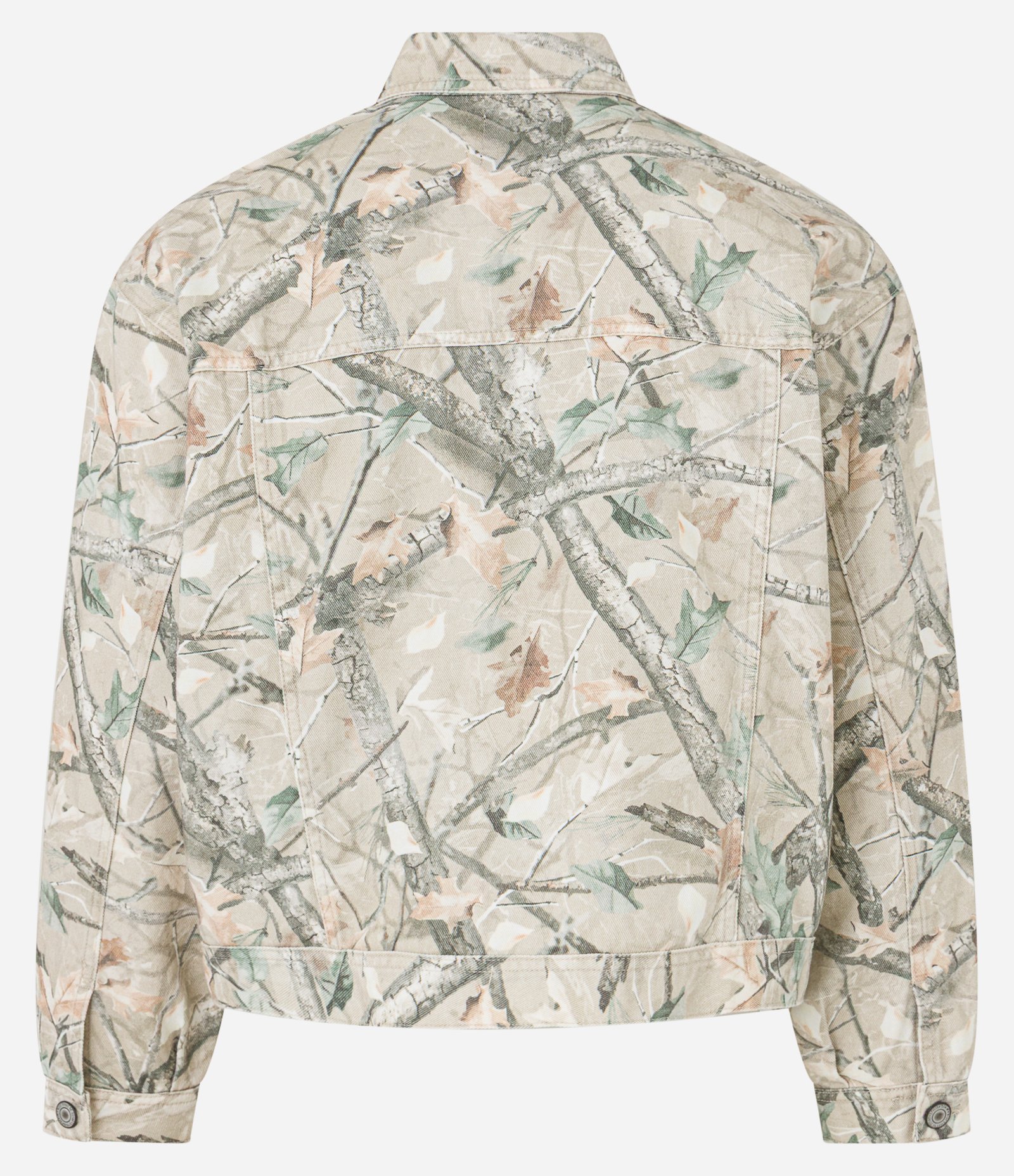 Jaqueta Trucker Boxy em Sarja com Estampa de Galhos de Arvore Bege 6