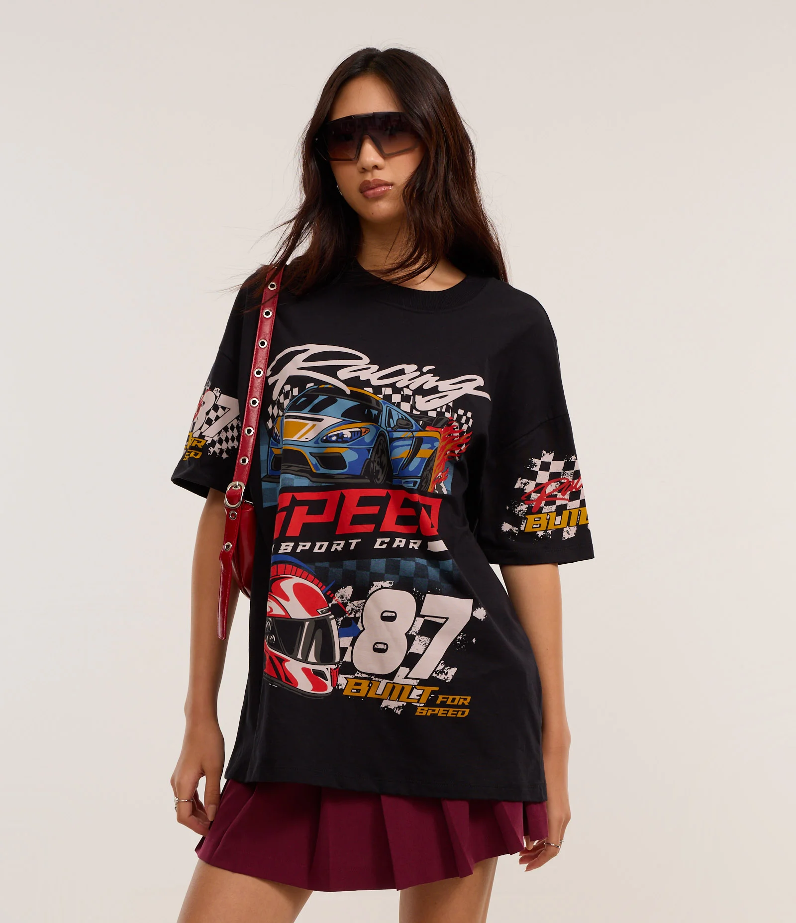 Camiseta Oversized em Algodão com Estampa Gráfica Racing Preto 1