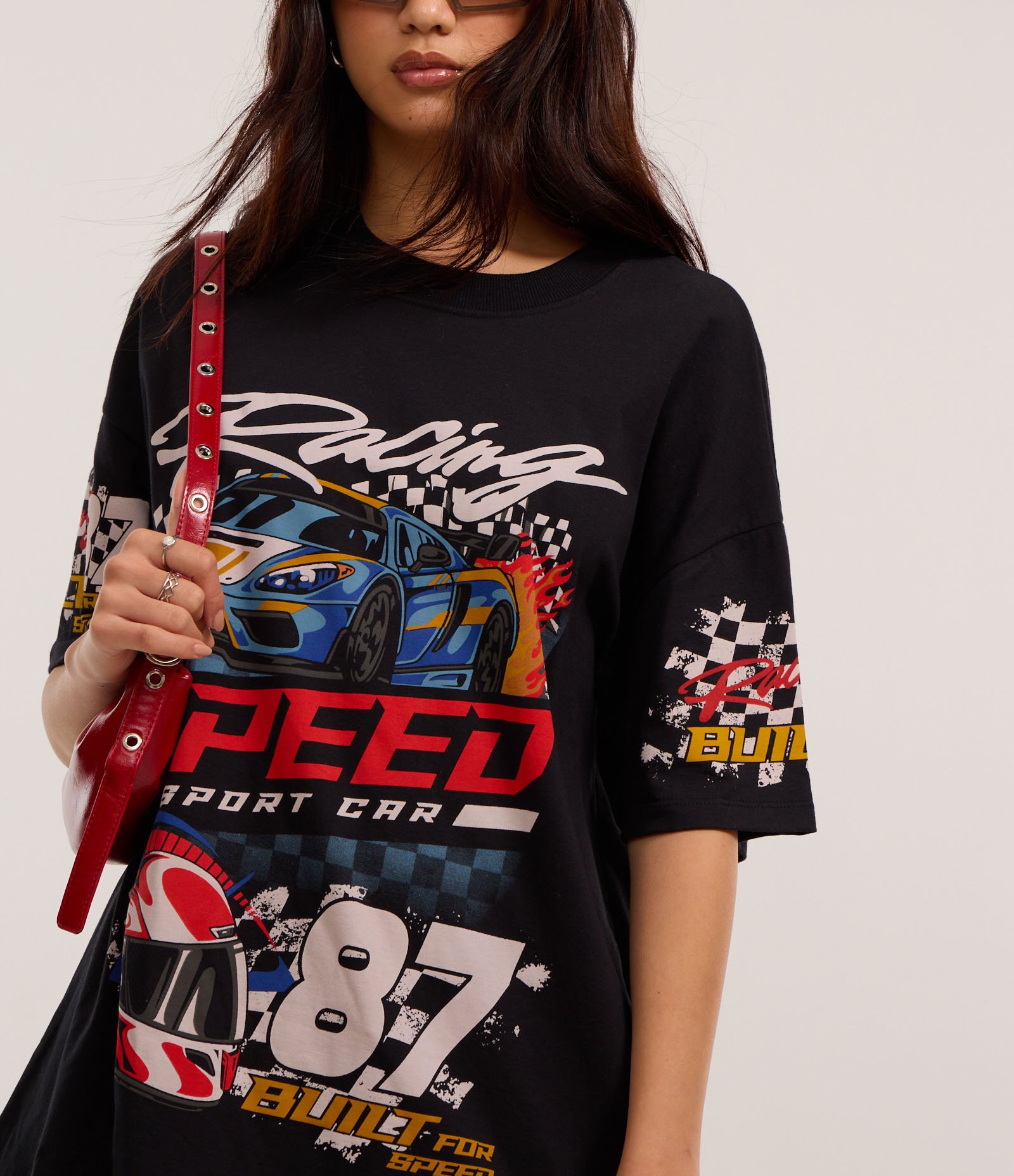 Camiseta Oversized em Algodão com Estampa Gráfica Racing Preto 3