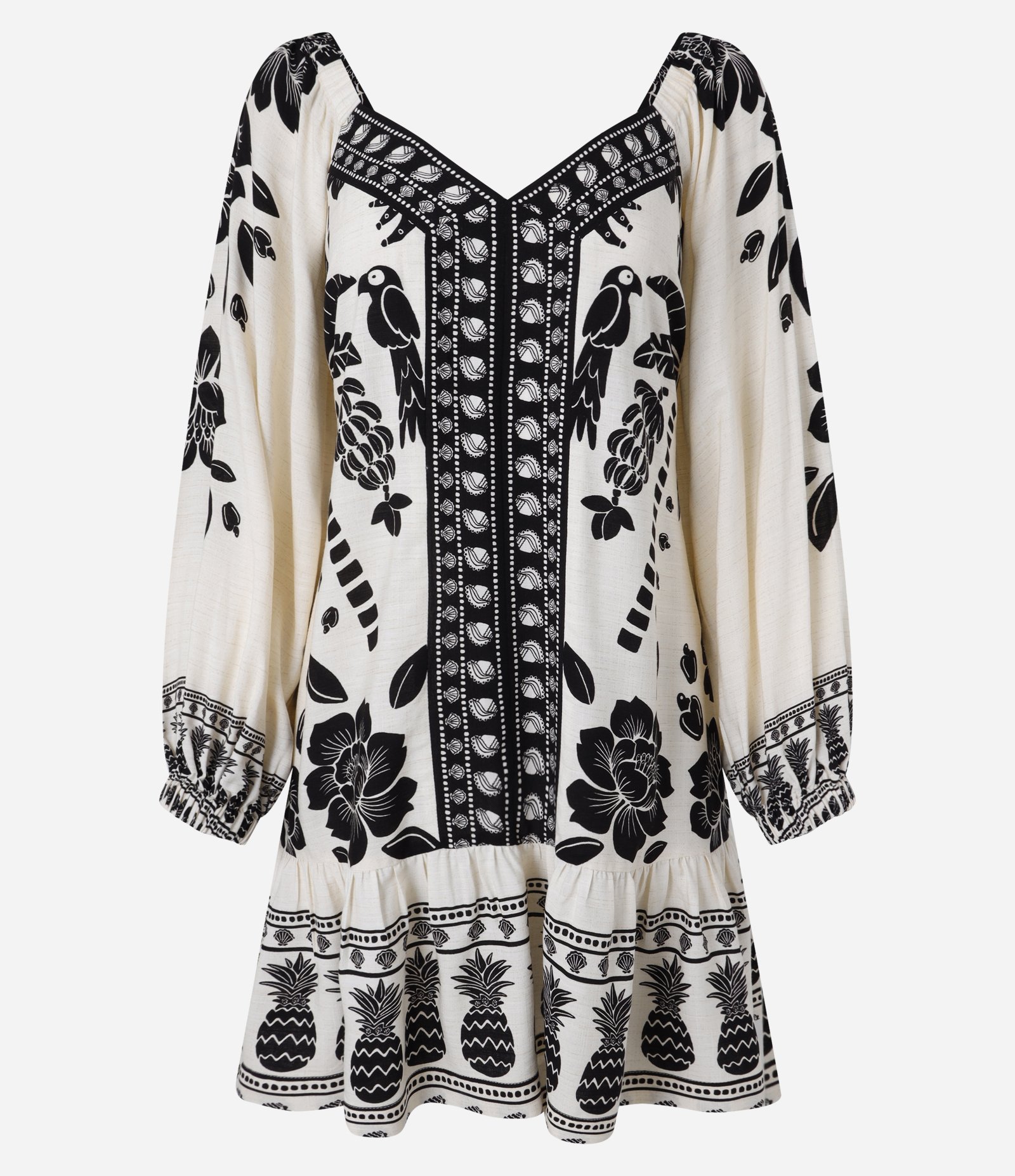 Vestido Godê Curto em Chalis com Estampa Tropical Bege 5