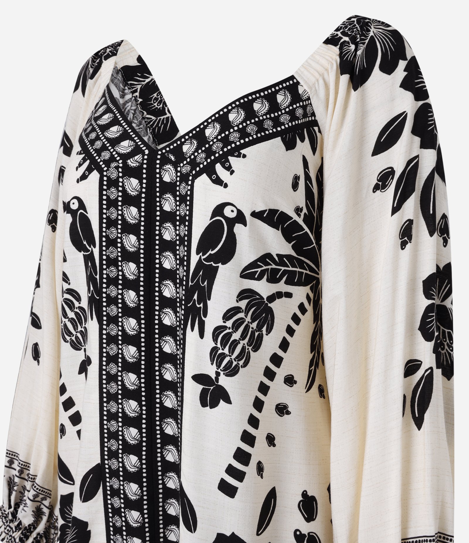 Vestido Godê Curto em Chalis com Estampa Tropical Bege 6