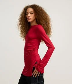 Blusa em Ribana com Franzido Lateral e Gola Altinha