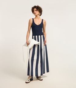 Vestido Godê em Tricoline com Listras na Saia
