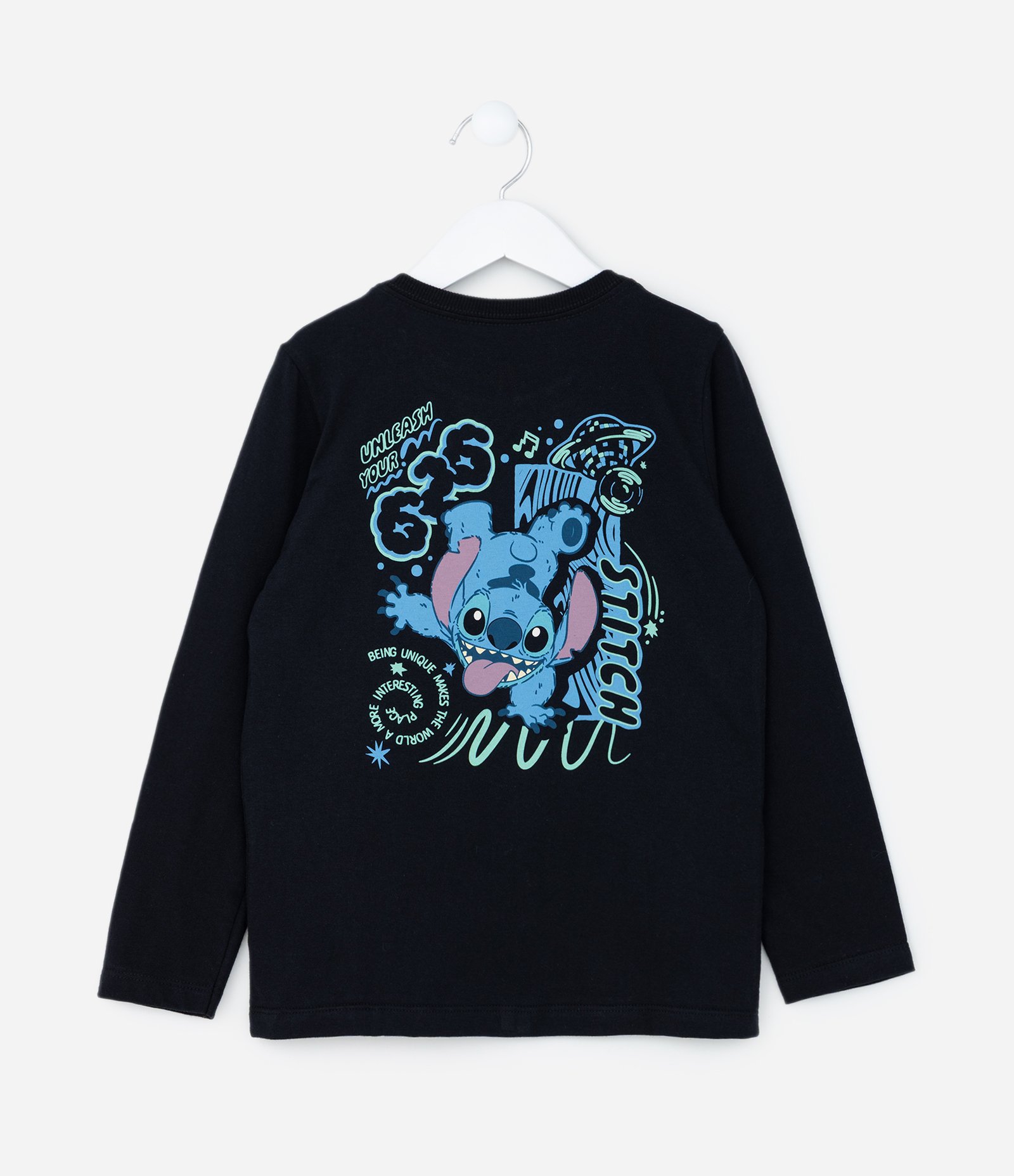 Camiseta Infantil com Estampa Frente e Costas Stitch - Tam 3 a 10 Anos Preto 2