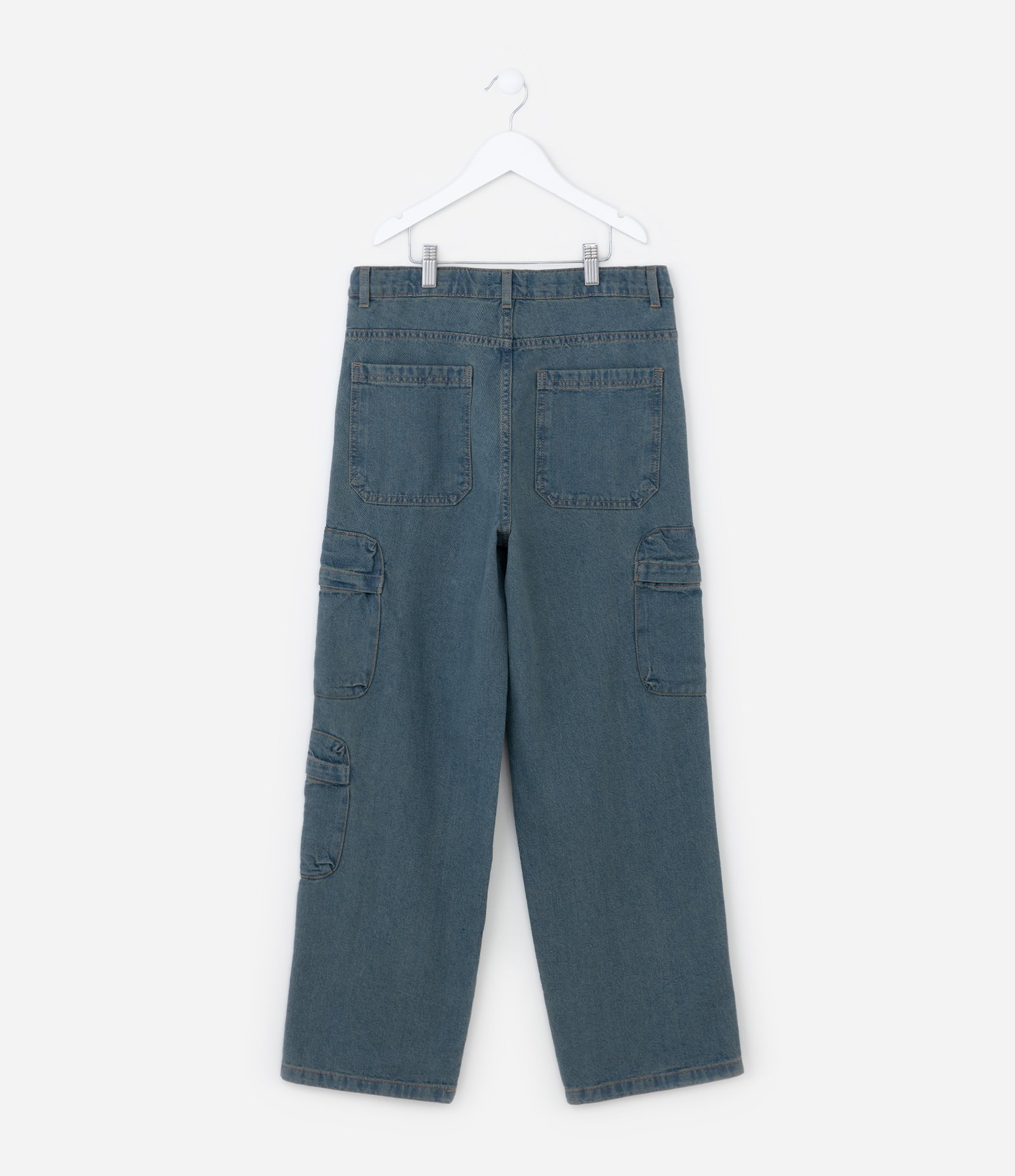 Calça Baggy Infantil em Jeans Dirty com Bolsos Cargo - Tam 5 a 14 anos Azul 2
