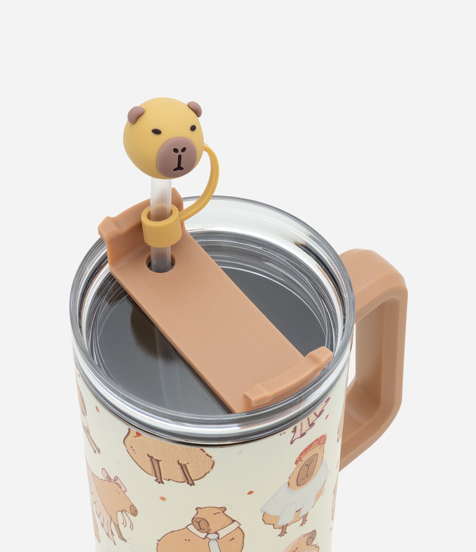 Copo Térmico com Canudo Reutilizável com Estampa e Canudo de Capivara 1,2L Bege 4