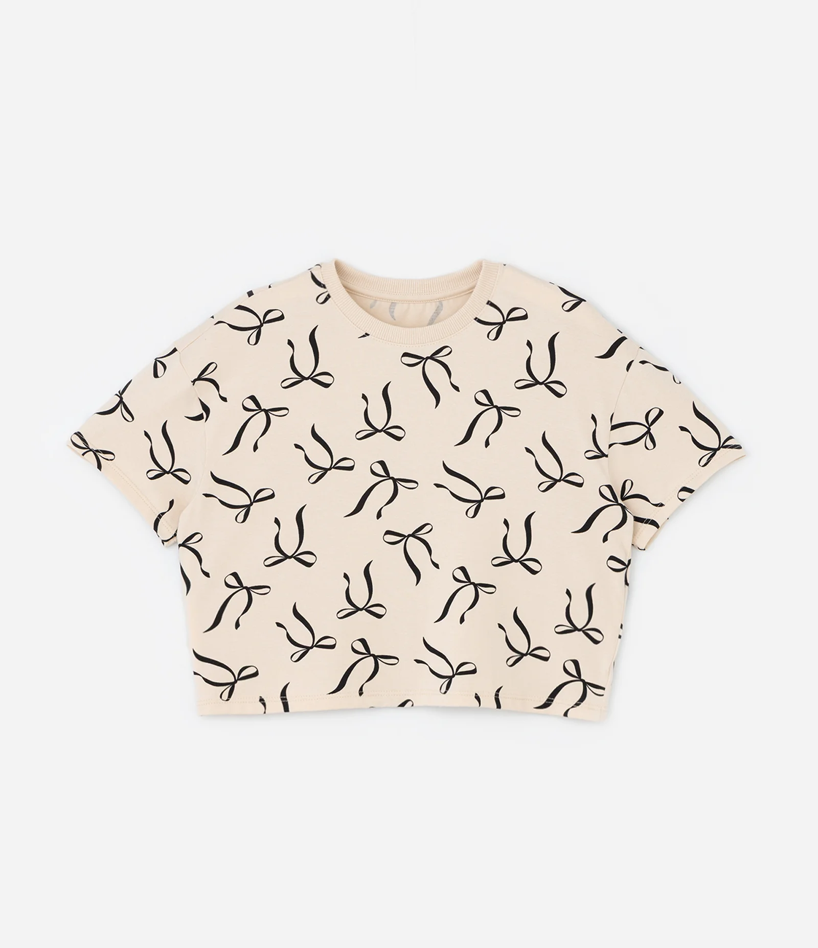 Camiseta Curta Infantil com Estampa Lacinhos - Tam 5 a 14 Anos Bege 1