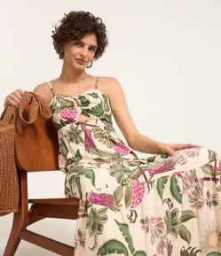 Vestido Godê Longo em Viscolinho com Estampa Abacaxi