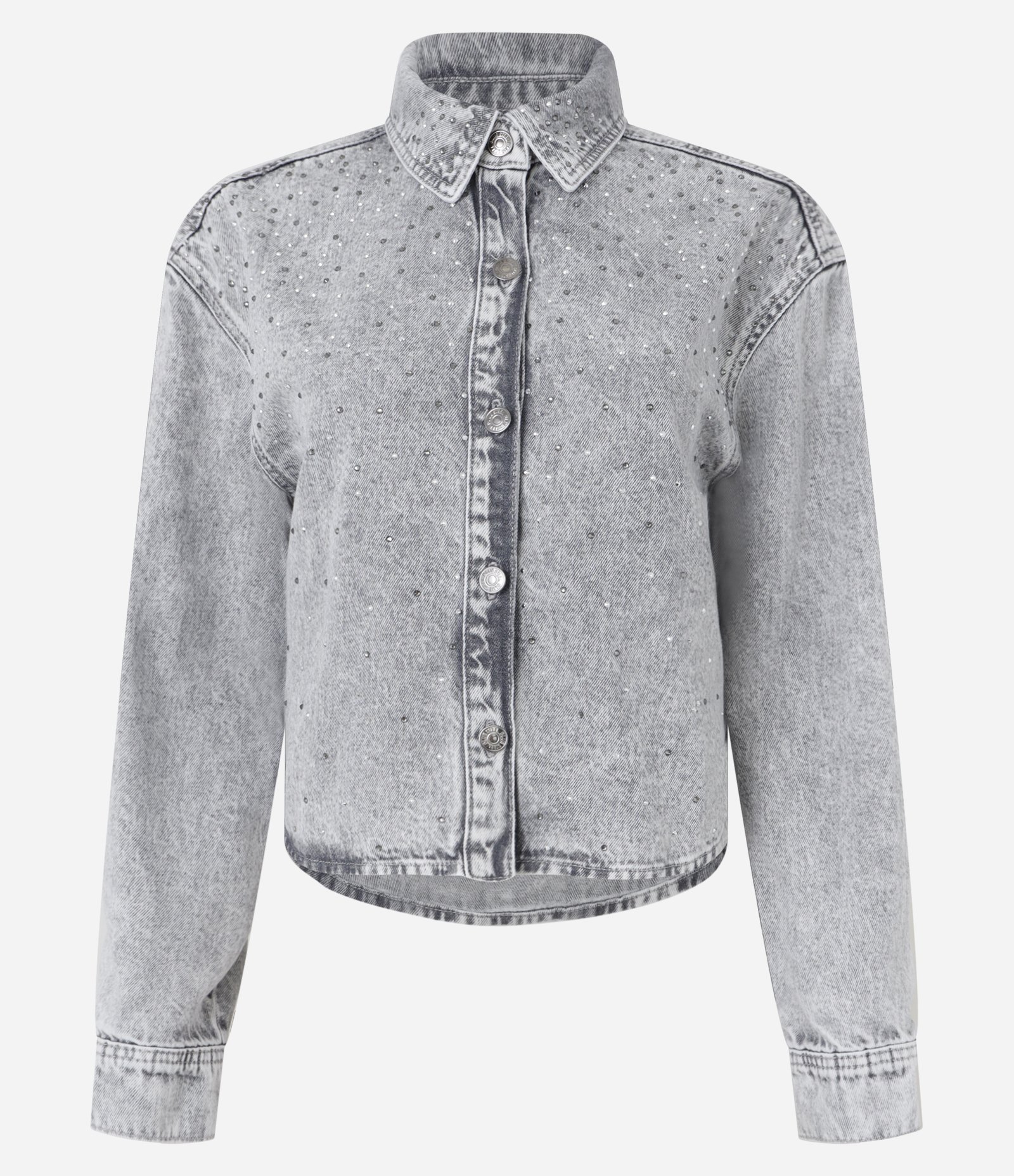 Camisa Regular em Jeans com Brilhos Aplicados Cinza 6