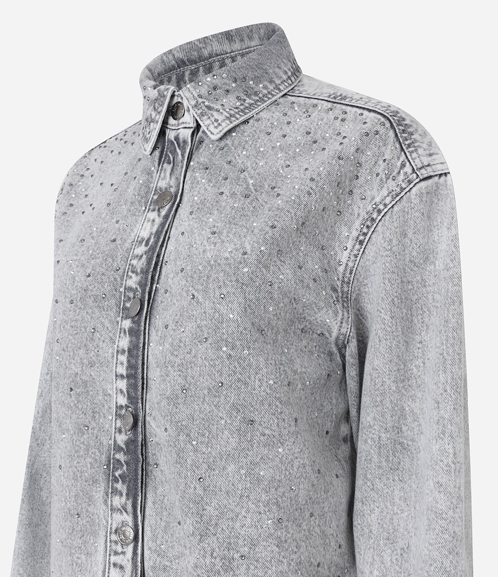 Camisa Regular em Jeans com Brilhos Aplicados Cinza 7