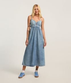 Vestido Midi em Jeans com Busto Vazado e Elástico nas Costas