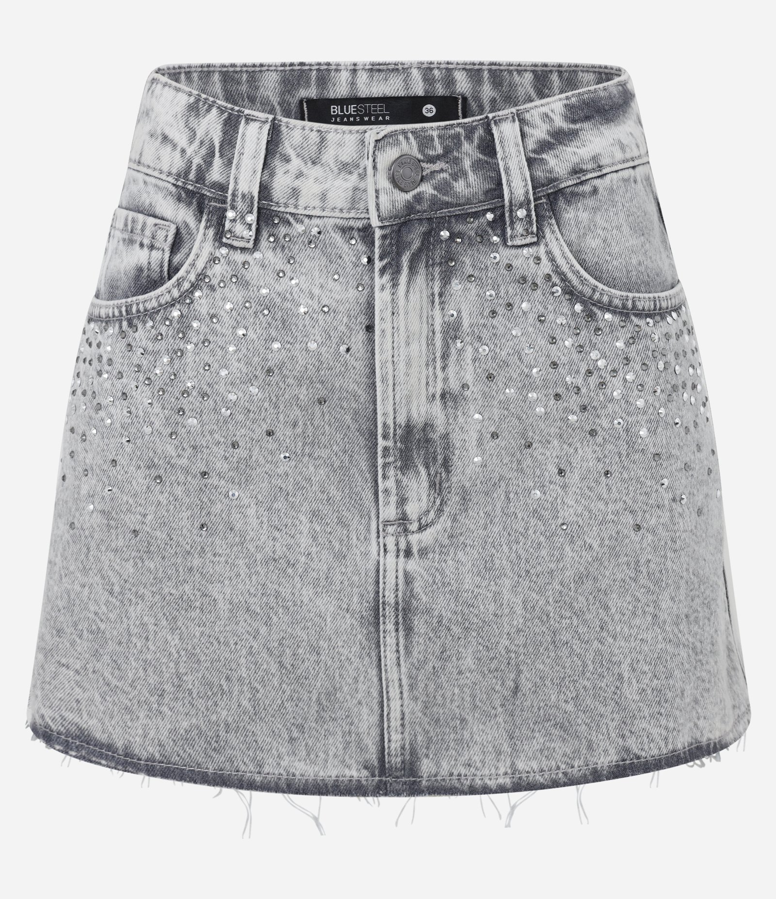 Saia Curta em Jeans com Brilhos Aplicados e Barra Desfiada Cinza 5