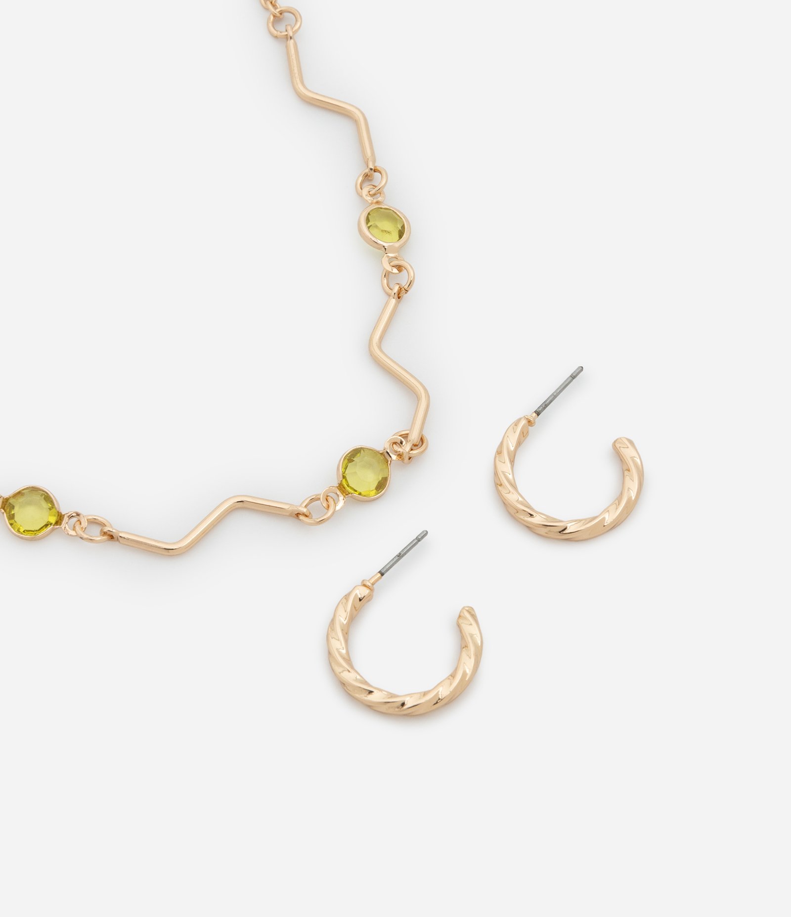 Conjunto de Colar Palito com Cristal e Brinco Argola Torcida Dourado 1