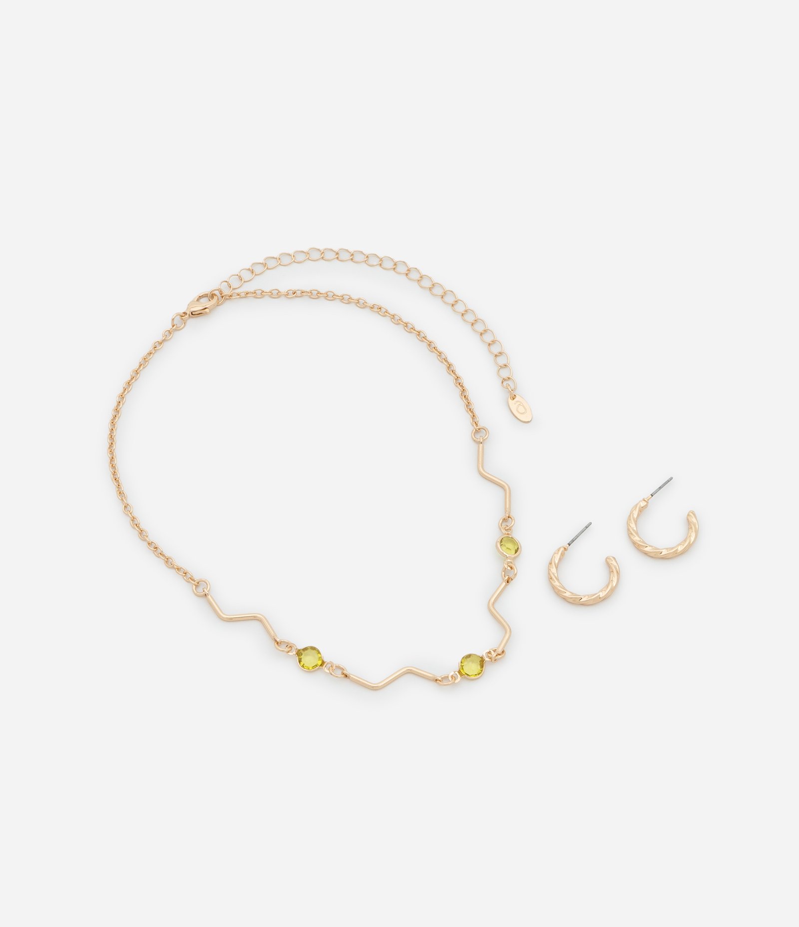 Conjunto de Colar Palito com Cristal e Brinco Argola Torcida Dourado 2