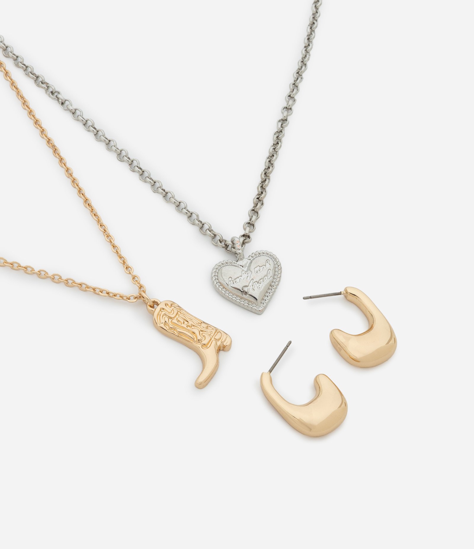 Conjunto de Colar Camadas com Pingente de Bota e Coração e Brinco Argola Dourado/Prata 1