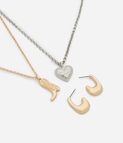 Conjunto de Colar Camadas com Pingente de Bota e Coração e Brinco Argola