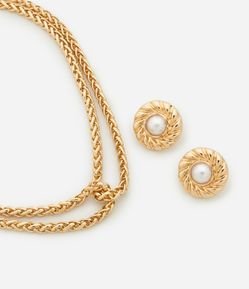 Conjunto de Colar Curto com Nó e Brinco Botão com Pérola Sintética